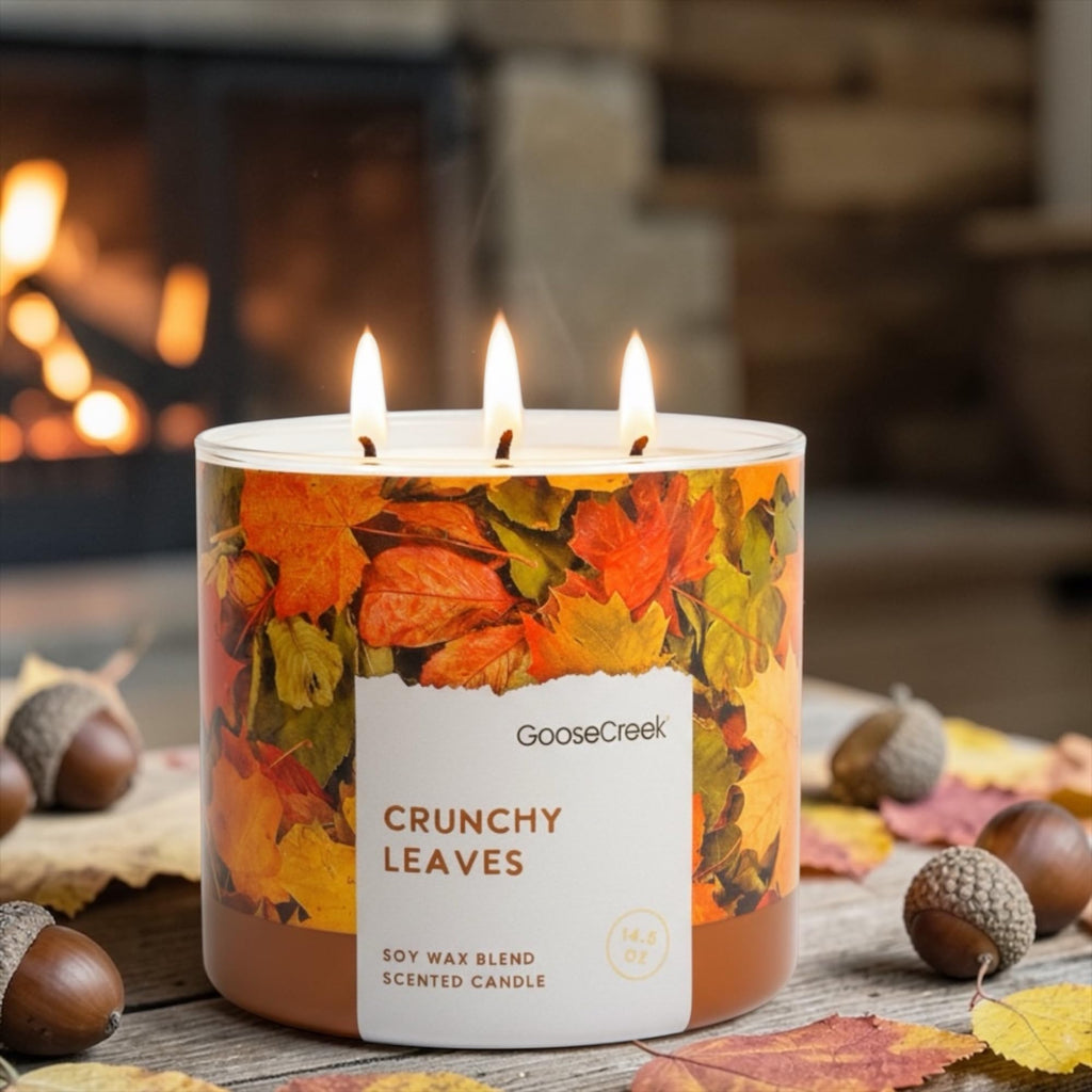 Crunchy Leaves Scented Candle, Soy Wax Blend, 3-Wick, Autumn Leaves, Bright Citrus & Sweet Cinnamon, 14.5 oz