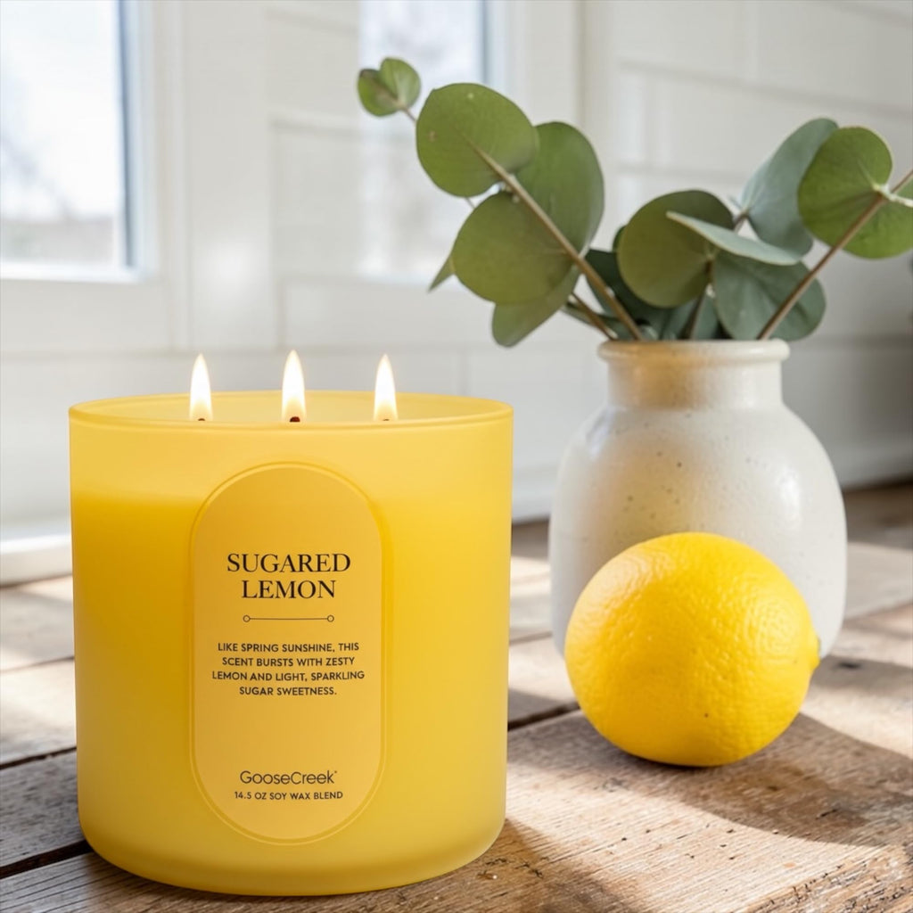 Sugared Lemon Scented Candle, Soy Wax Blend, 14.5 oz, 3 Wick, Round Glass Jar, Fruity Zesty Scent with Artisanal Soap Gift