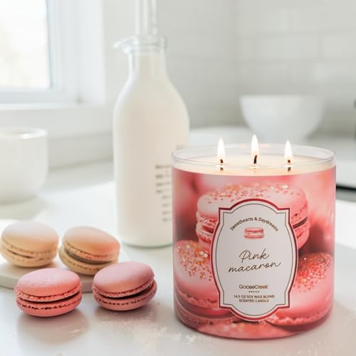 Pink Macaron Scented Candle, 14.5 oz Soy Wax Blend Toasted Almonds Pink Raspberries Fluffy Meringue Powdered Sugar with Artisanal Shortcake Soap Gift,