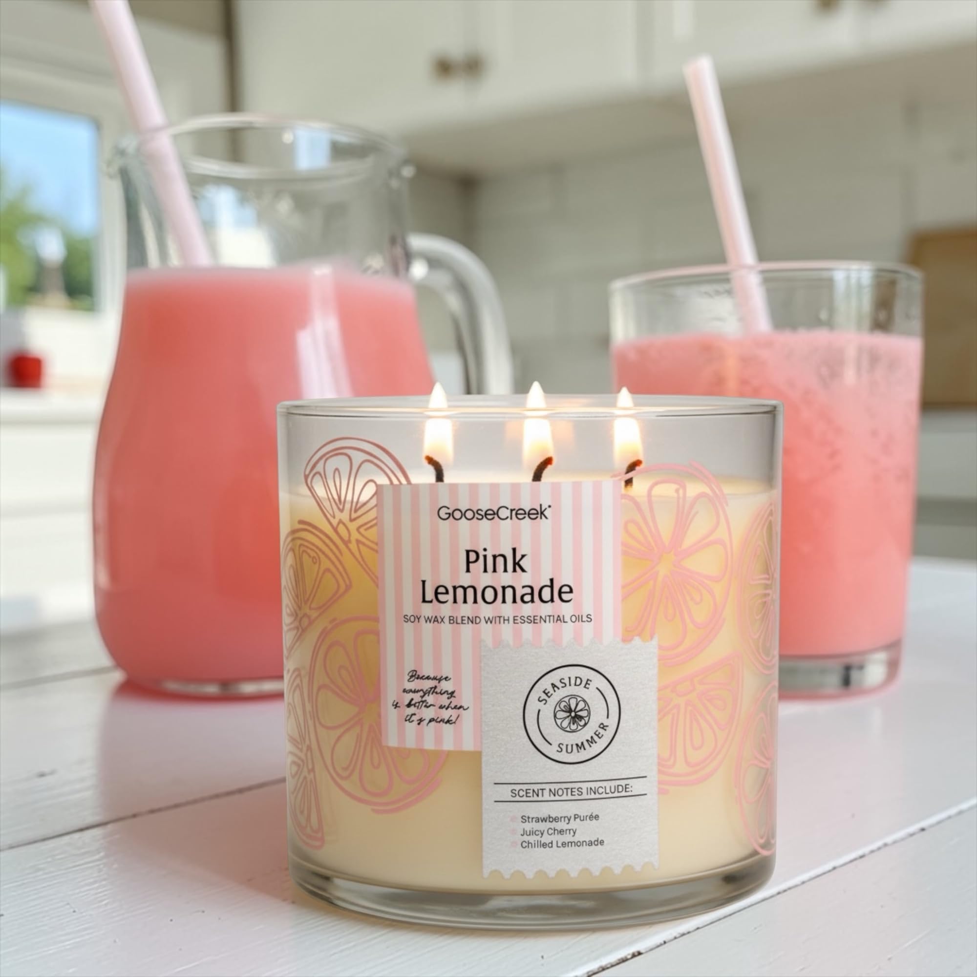 Pink Lemonade Scented Candle, Soy Wax Blend with Essential Oils, Strawberry Purée, Juicy Cherry & Chilled Lemonade