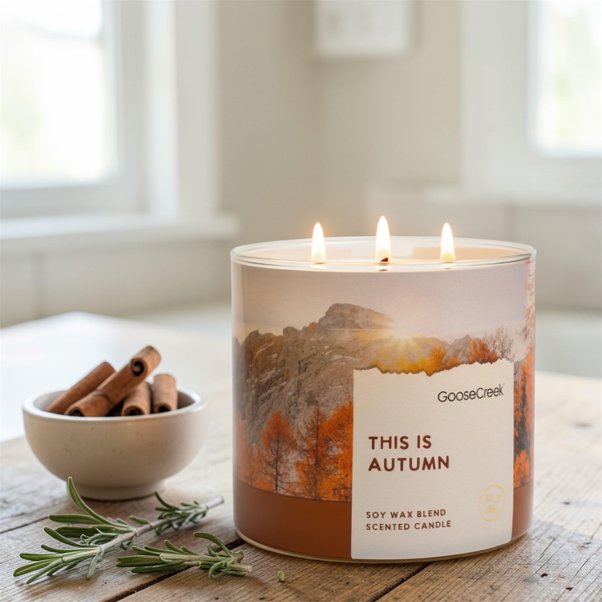 This is Autumn Scented Candle, Soy Wax Blend, 3-Wick, Apples, Leaves, Oats, Caramel & Spice