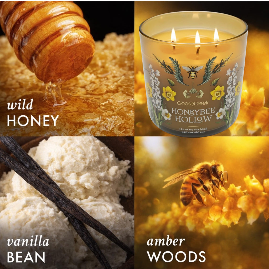 Honeybee Hollow 3-Wick Candle, 14.5 oz Soy Wax Blend, Wild Honey, Vanilla Bean, Amber Woods