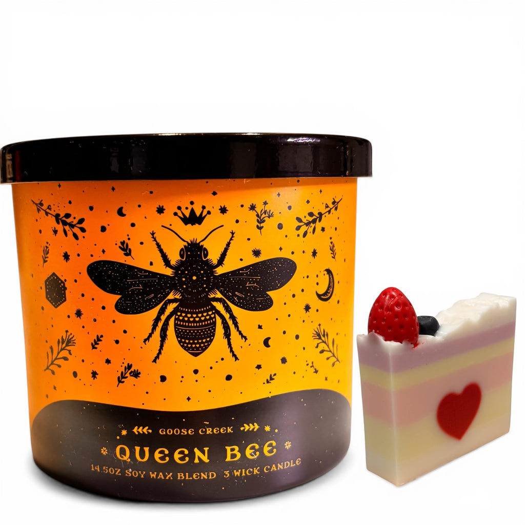 Queen Bee Scented Candle with Artisanal Shortcake Soap, Floral Manuka Honey Bergamot Butterfly Pea, 14.5 Oz Soy Wax Blend, 3 Wick, Round Glass Jar