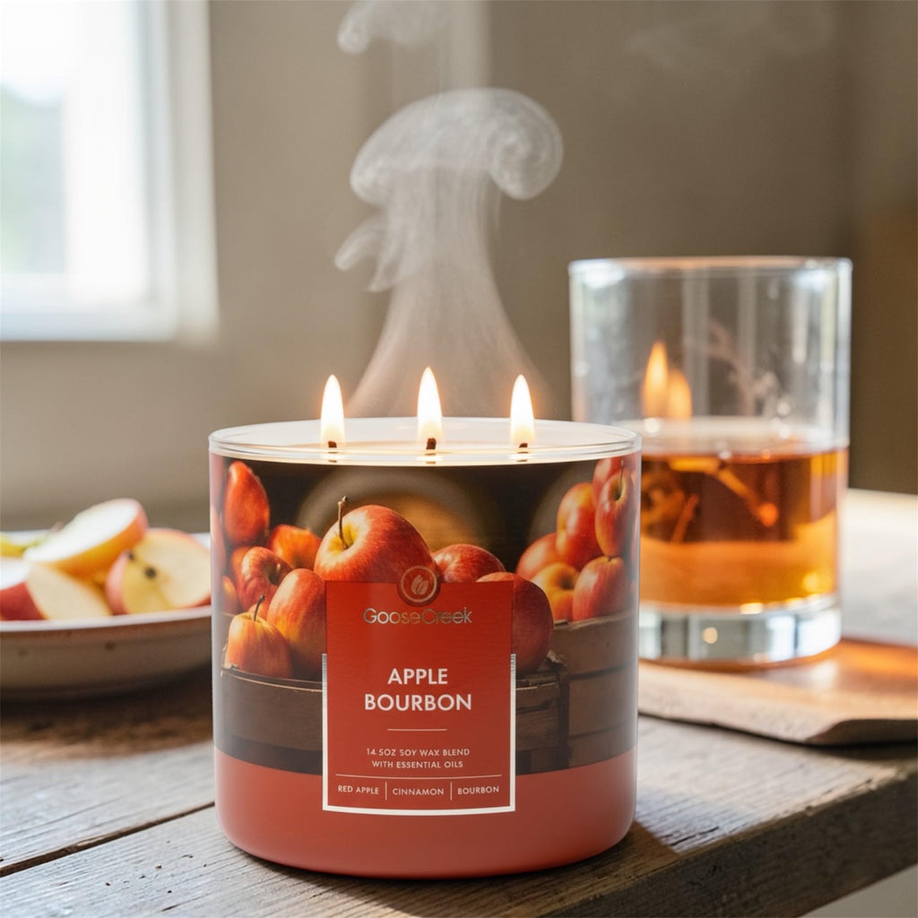 Apple Bourbon 3-Wick Candle, 14.5 oz Soy Wax Blend, Red Apple, Cinnamon Spice, Oak-Barrel Bourbon