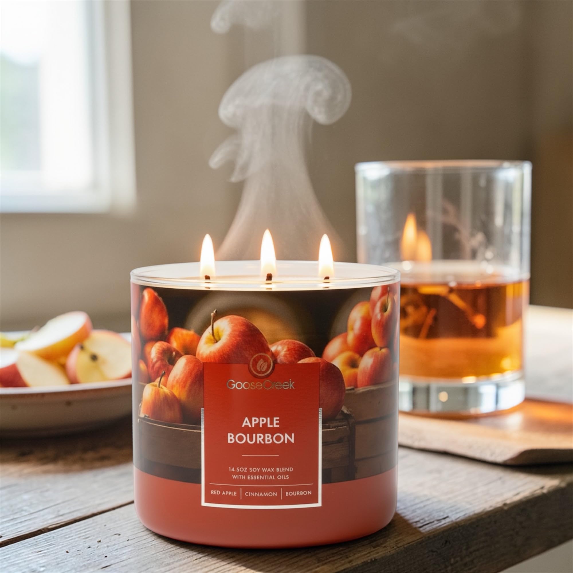 Apple Bourbon 3-Wick Candle, 14.5 oz Soy Wax Blend, Red Apple, Cinnamon Spice, Oak-Barrel Bourbon