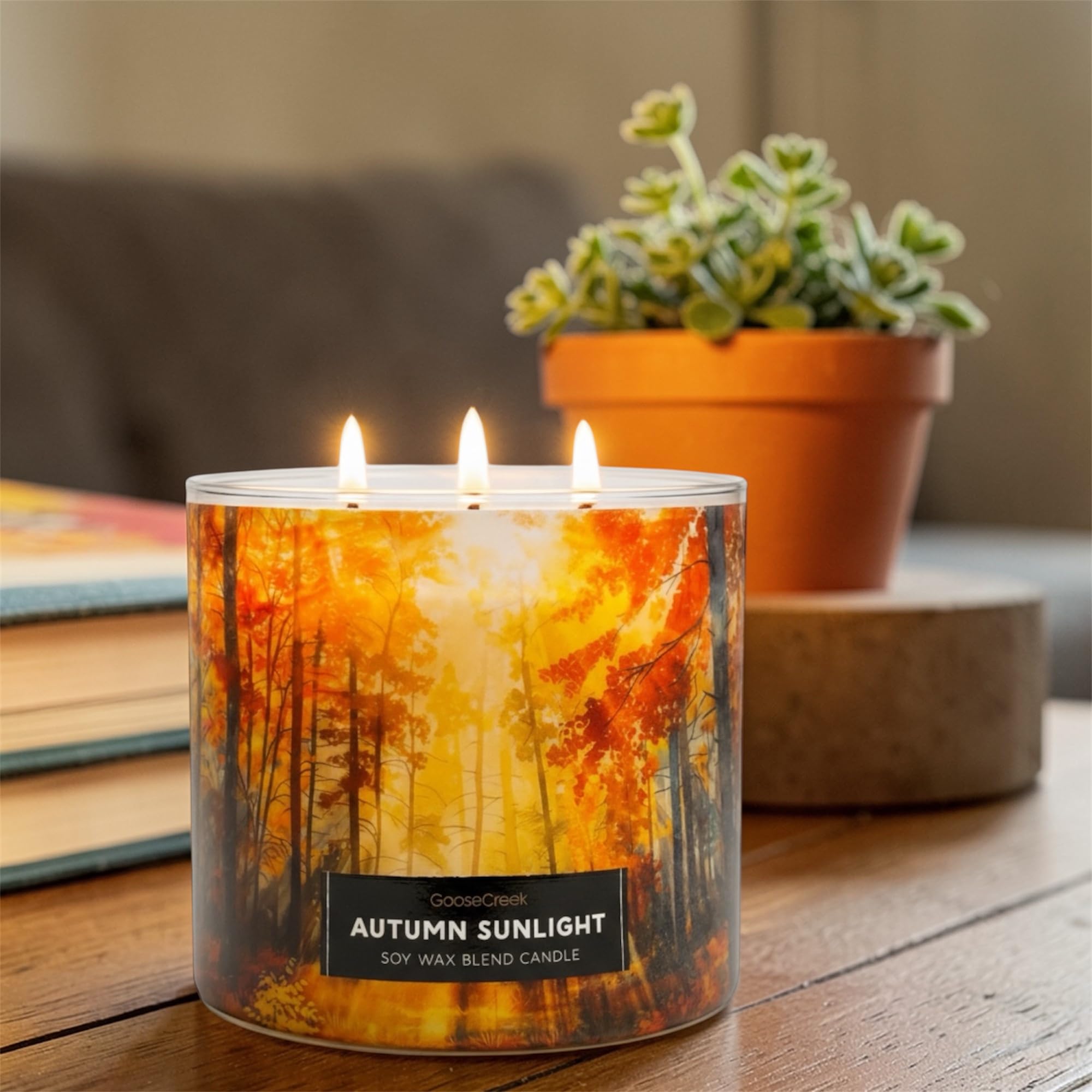 Autumn Sunlight Soy Wax Blend Candle, 3-Wick, Spiced Citrus, Cinnamon Stick, Warm Cardamom, Sunlit Foliage
