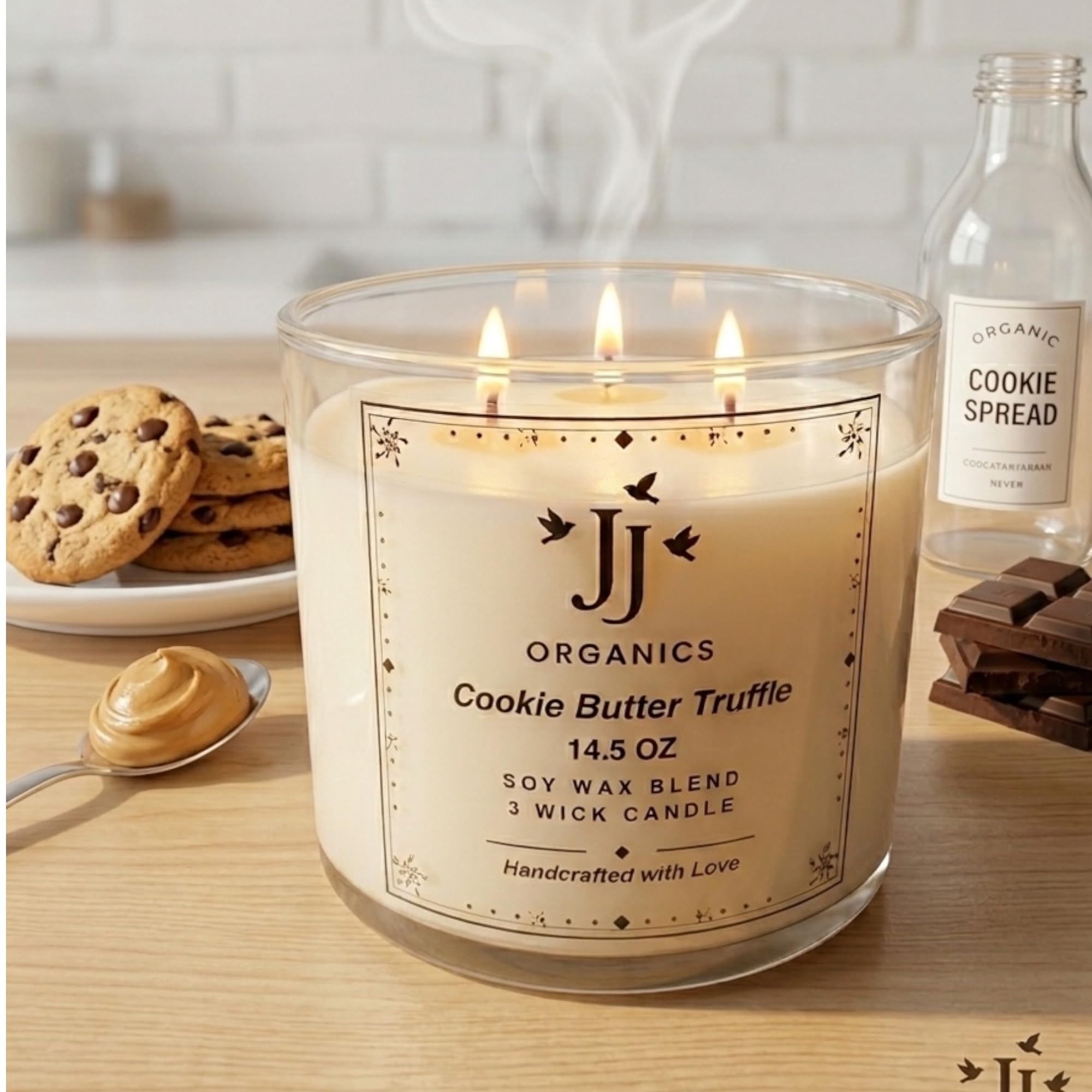 JJ Organics Cookie Butter Truffle Candle, Soy Wax Blend, 3 Wick, 14.5 oz, Handcrafted