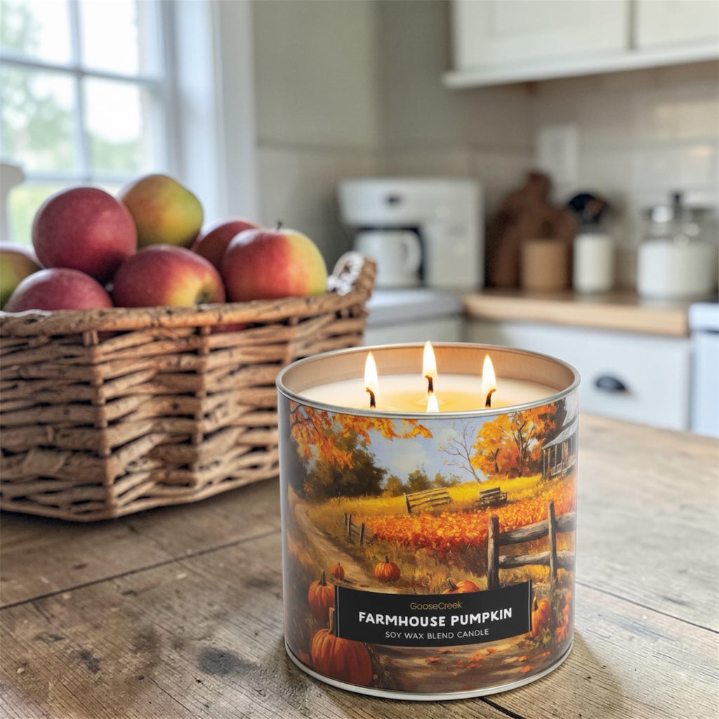 Farmhouse Pumpkin Soy Wax Blend Candle, 3-Wick, Spiced Cake and Buttercream Frosting Scent, Fall Theme