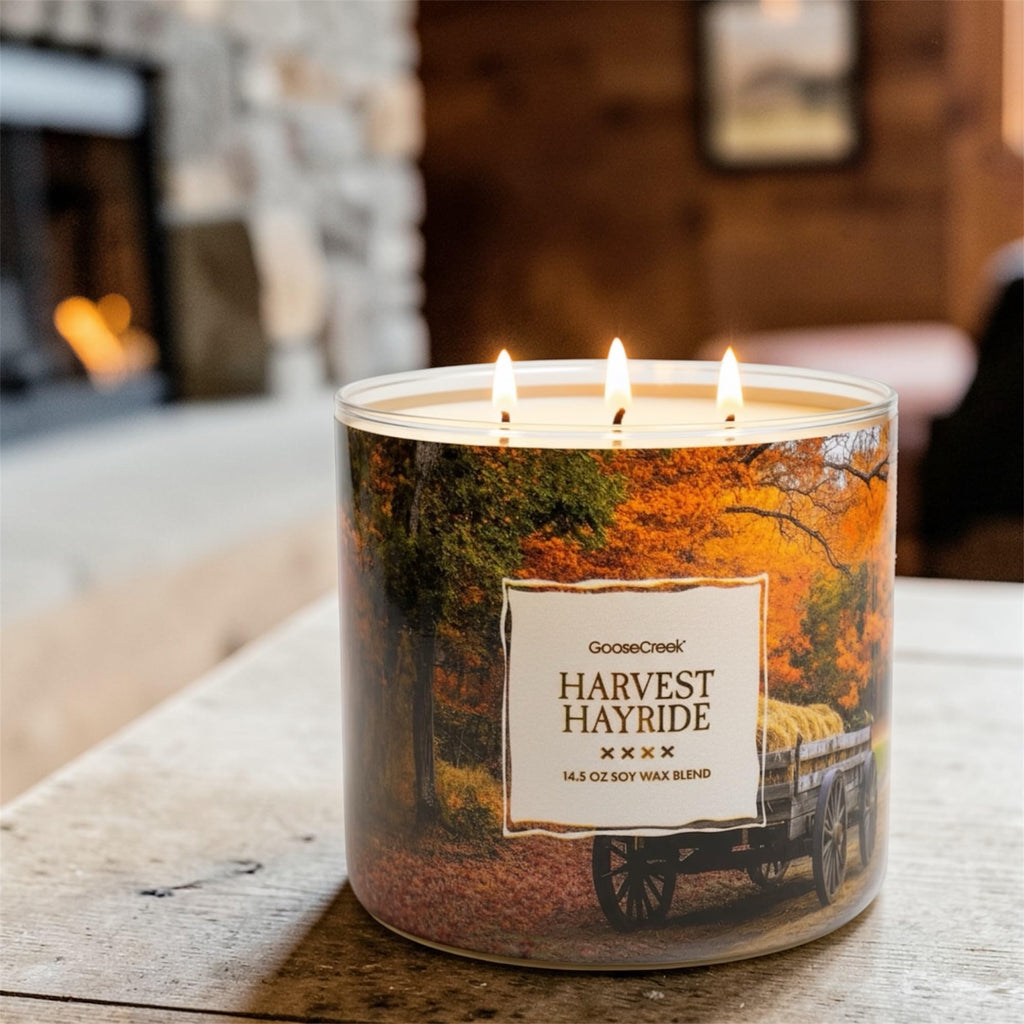 Harvest Hayride Scented Candle, Soy Wax Blend, Orchard Apple, Spiced Pumpkin, Mountain Hay, Warm Cedar, 14.5 oz