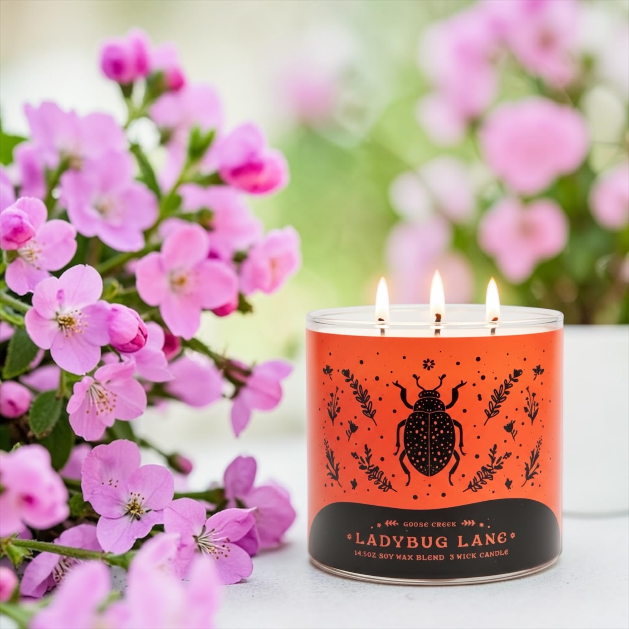 Ladybug Lane Scented Candle, 14.5oz Soy Wax Blend 3 Wick, Orchard Peach Raspberry Wildflower Fragrance & Artisanal Shortcake Soap Gift