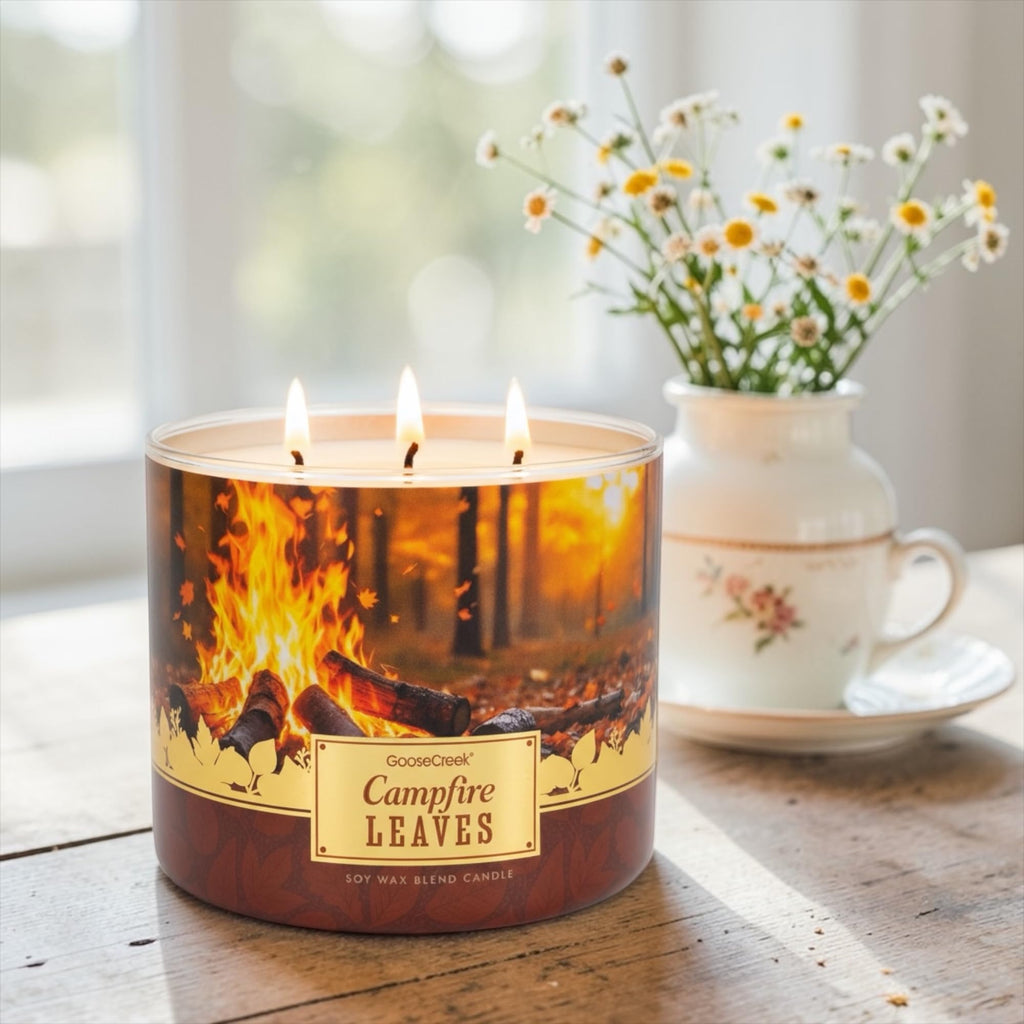 Campfire Leaves Soy Wax Blend Candle, 3-Wick, Brandied Apple, Charred Chestnuts, Fallen Leaves, Glowing Embers