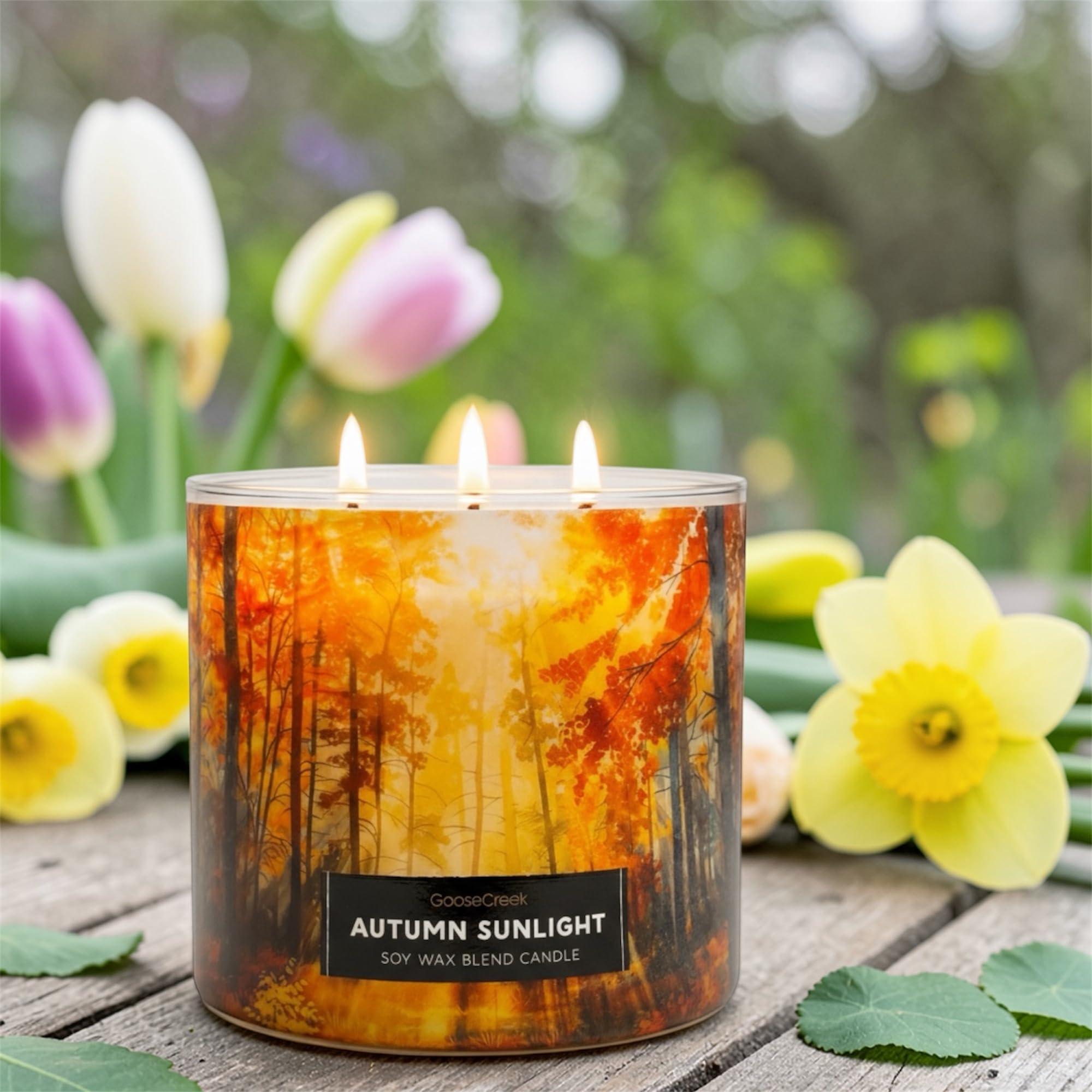 Autumn Sunlight Soy Wax Blend Candle, 3-Wick, Spiced Citrus, Cinnamon Stick, Warm Cardamom, Sunlit Foliage