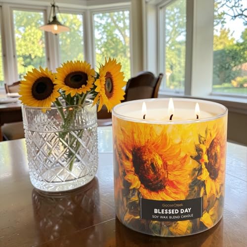 Blessed Day Soy Wax Blend Candle with Sunflower Design, Scented with Apples, Pumpkin, Cinnamon, Includes Artisanal Goat Soap Gift.