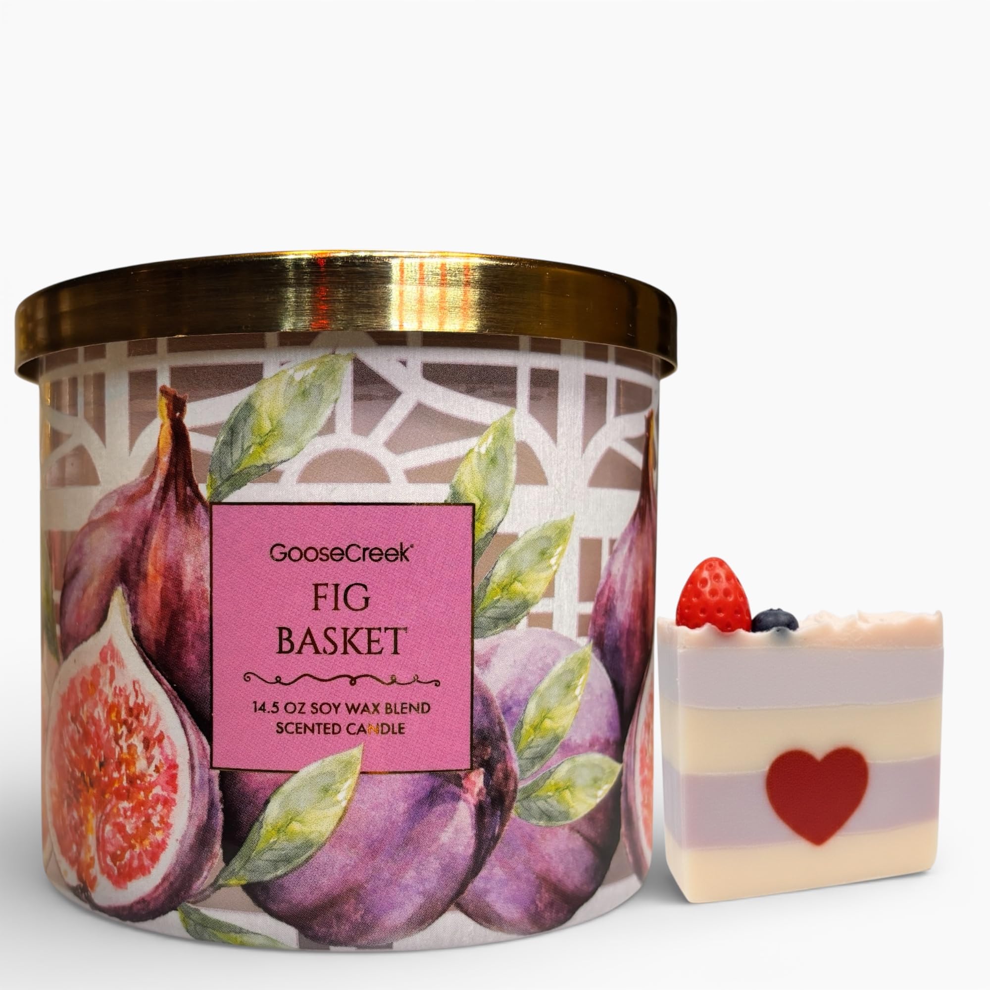 Fig Basket Scented Candle, 14.5 oz Soy Wax Blend with Artisanal Shortcake Soap Gift Set, Juicy Fig and Dark Berries Fragrance