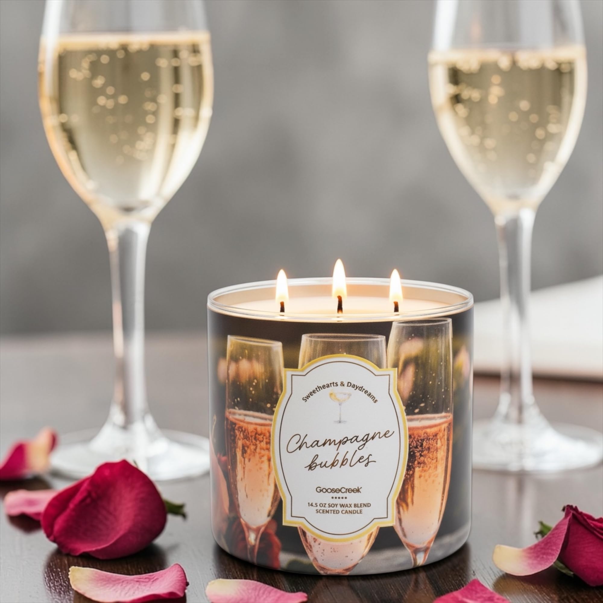 Champagne Bubbles Scented Candle, 14.5 oz Soy Wax Blend, 3-Wick, Sparkling Champagne, Pink Grapefruit, Juicy Orange