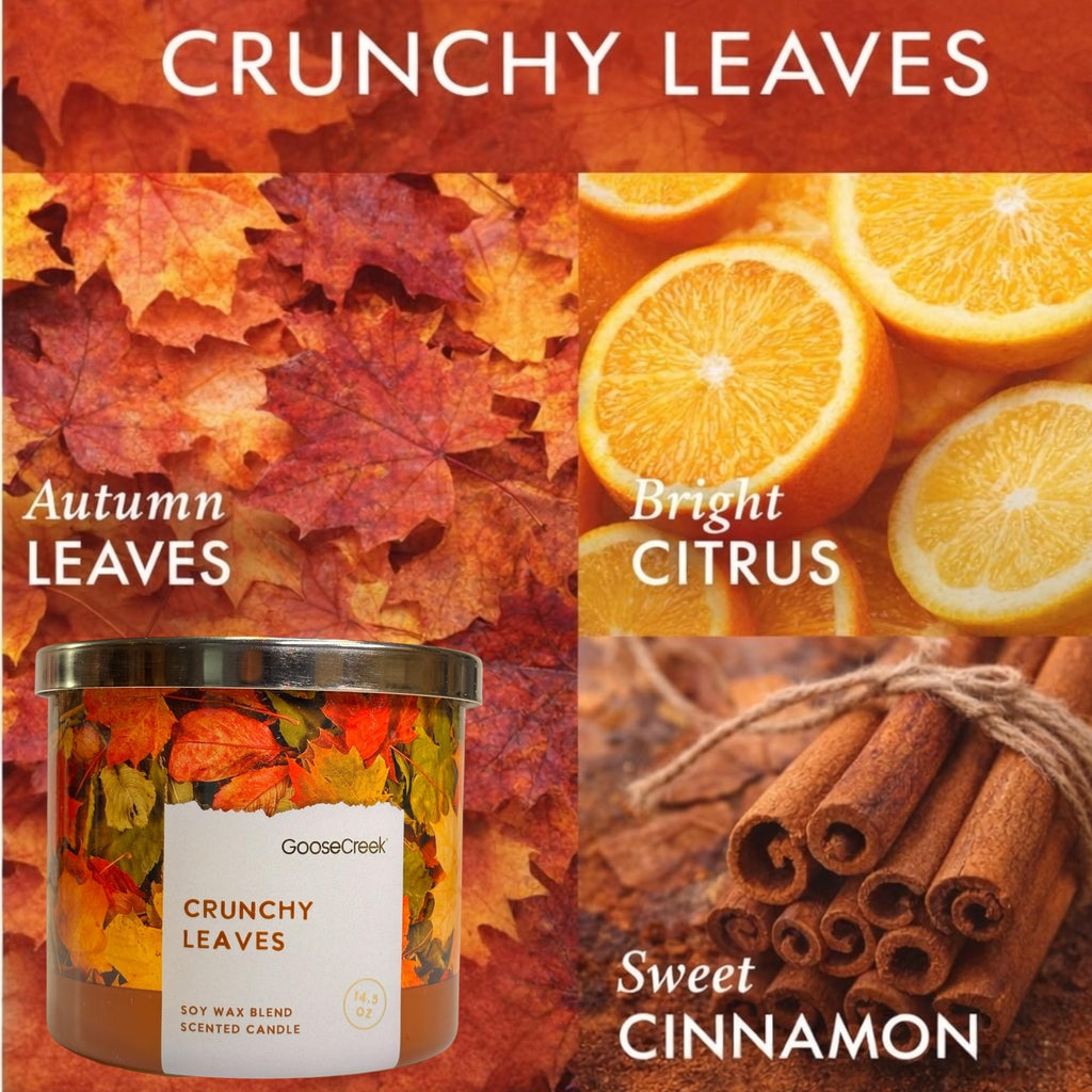 Crunchy Leaves Scented Candle, Soy Wax Blend, 3-Wick, Autumn Leaves, Bright Citrus & Sweet Cinnamon, 14.5 oz
