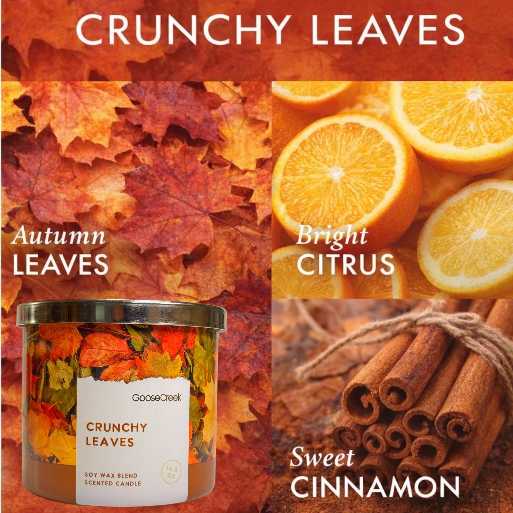 Crunchy Leaves Scented Candle, Soy Wax Blend, 3-Wick, Autumn Leaves, Bright Citrus & Sweet Cinnamon, 14.5 oz