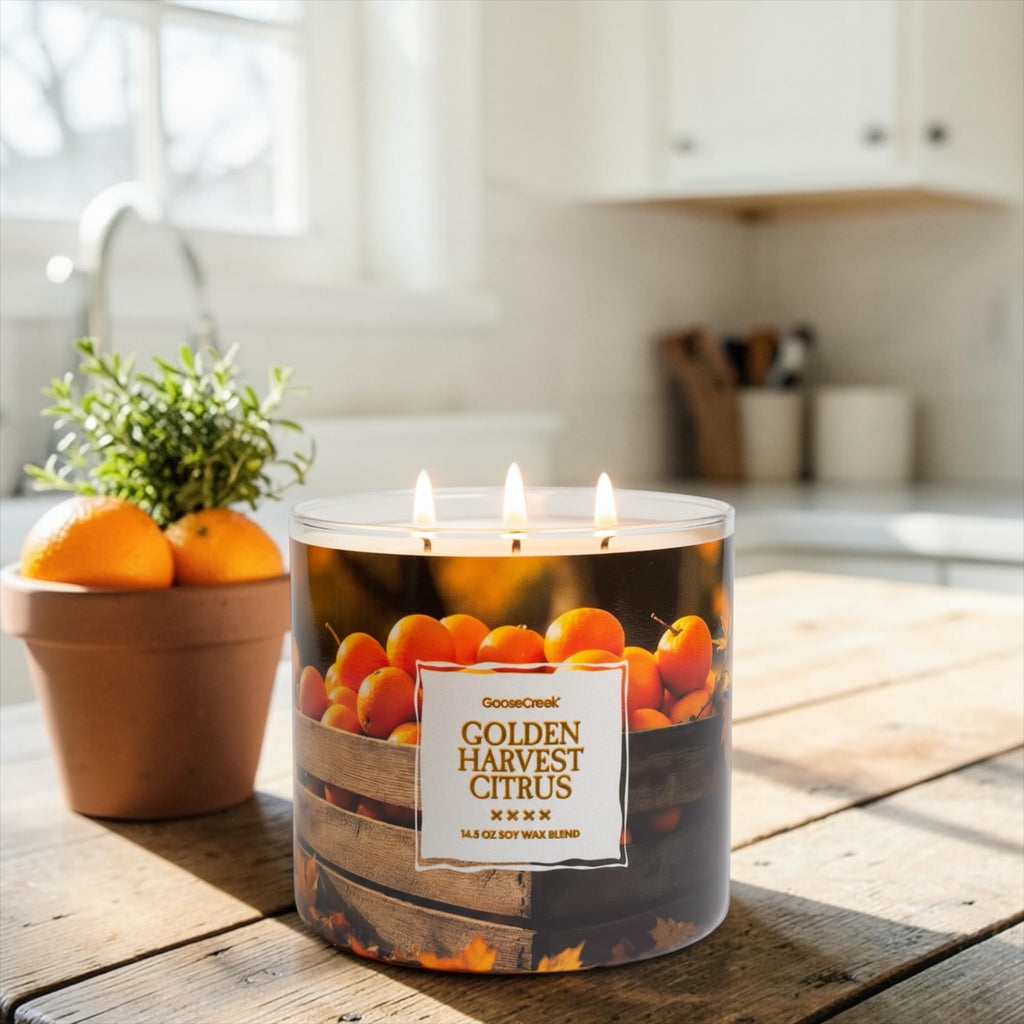 Golden Harvest Citrus 3-Wick Candle, 14.5 oz Soy Wax Blend, Sunwashed Citrus, Autumn Spice, Golden Leaves