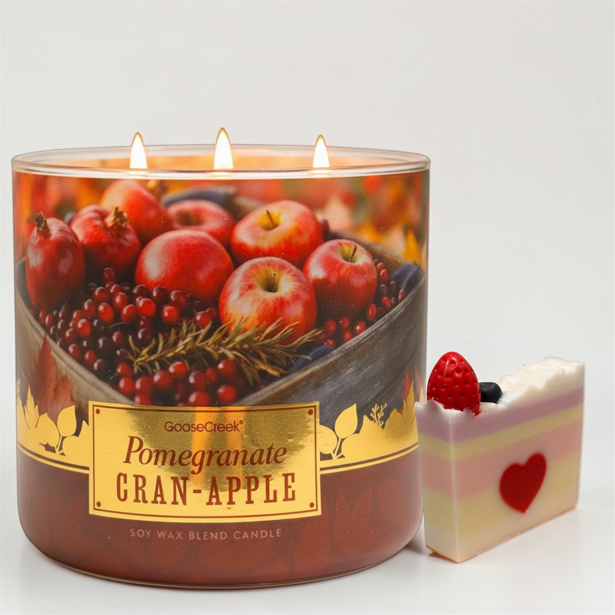Pomegranate Cran-Apples Soy Wax Blend Candle, 3-Wick, Sweet Cinnamon Bun, Tart Cranberries, Red Apples, Creamy Spices