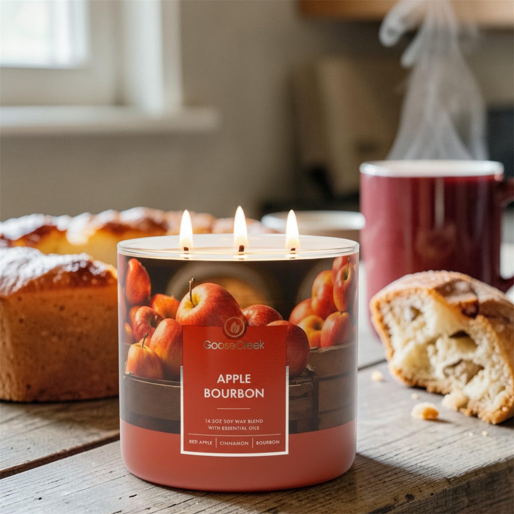 Apple Bourbon 3-Wick Candle, 14.5 oz Soy Wax Blend, Red Apple, Cinnamon Spice, Oak-Barrel Bourbon