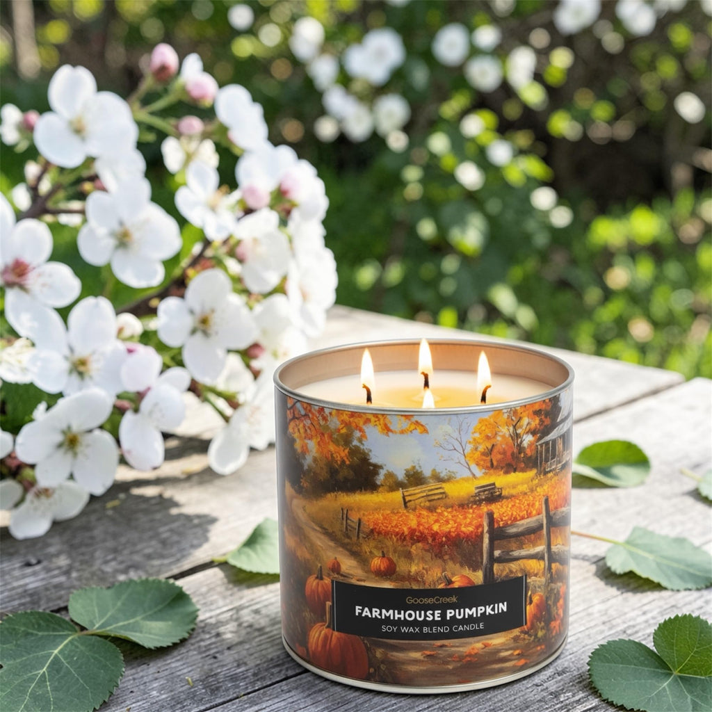 Farmhouse Pumpkin Soy Wax Blend Candle, 3-Wick, Spiced Cake and Buttercream Frosting Scent, Fall Theme