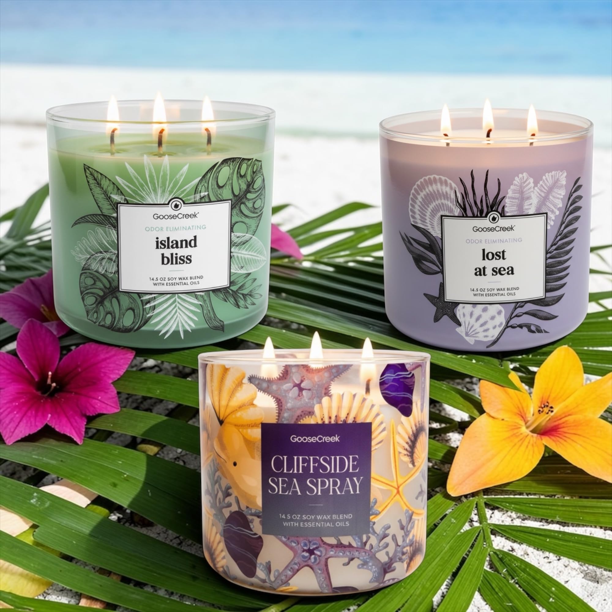 Soy Wax Blend Scented Candle, 14.5 oz, Odor Eliminating, Ocean and Tropical Themes, with Essential Oils