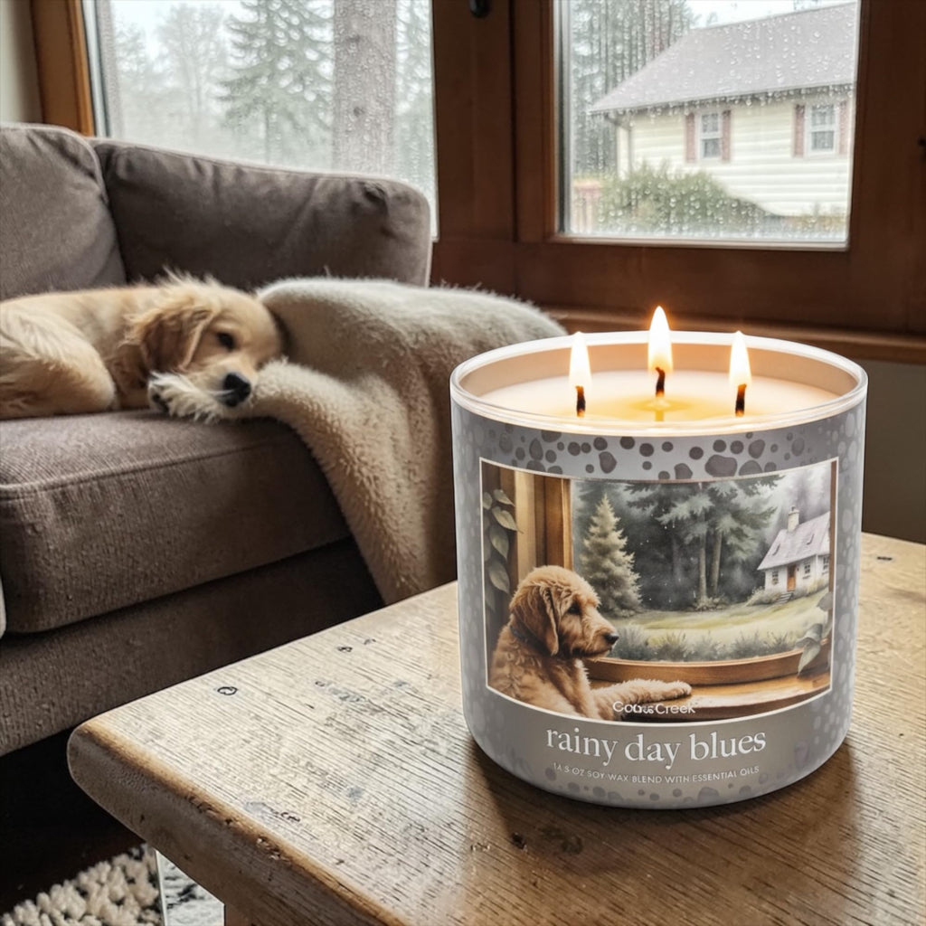 Rainy Day Blues Scented Candle, 14.5 oz Soy Wax Blend with Essential Oils, Fresh Rain, Wet Moss, Blue Eucalyptus & Dewy Apples