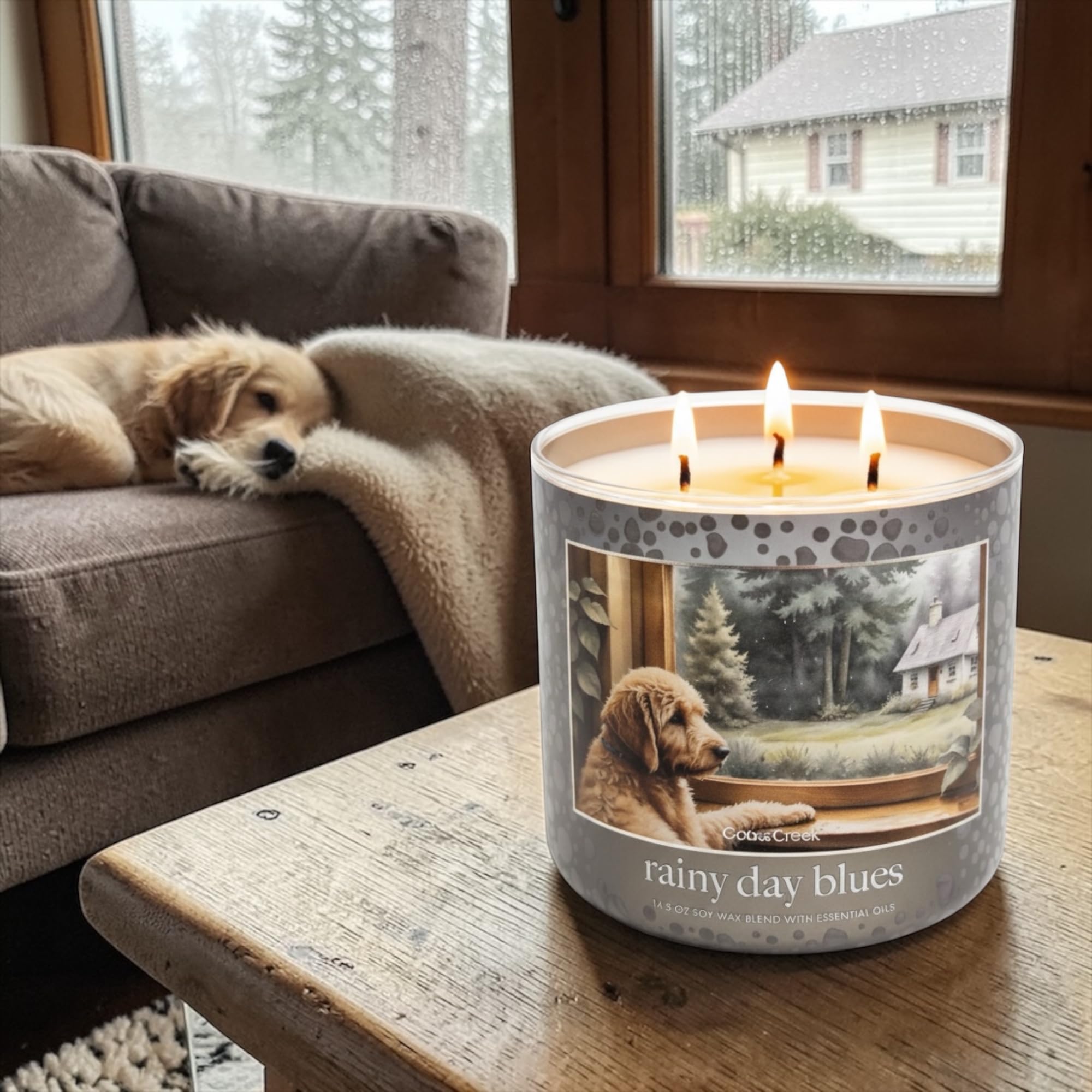 Rainy Day Blues Scented Candle, 14.5 oz Soy Wax Blend with Essential Oils, Fresh Rain, Wet Moss, Blue Eucalyptus & Dewy Apples