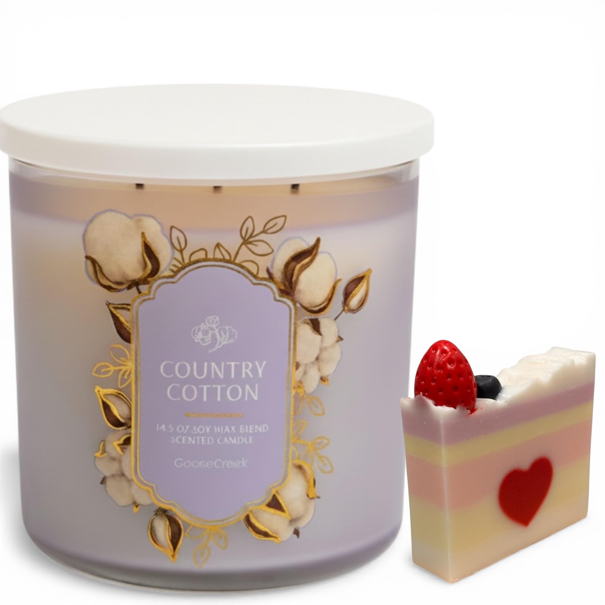 Country Cotton Scented Candle, Soy Wax Blend, 14.5 oz, with Artisanal Shortcake Soap Gift