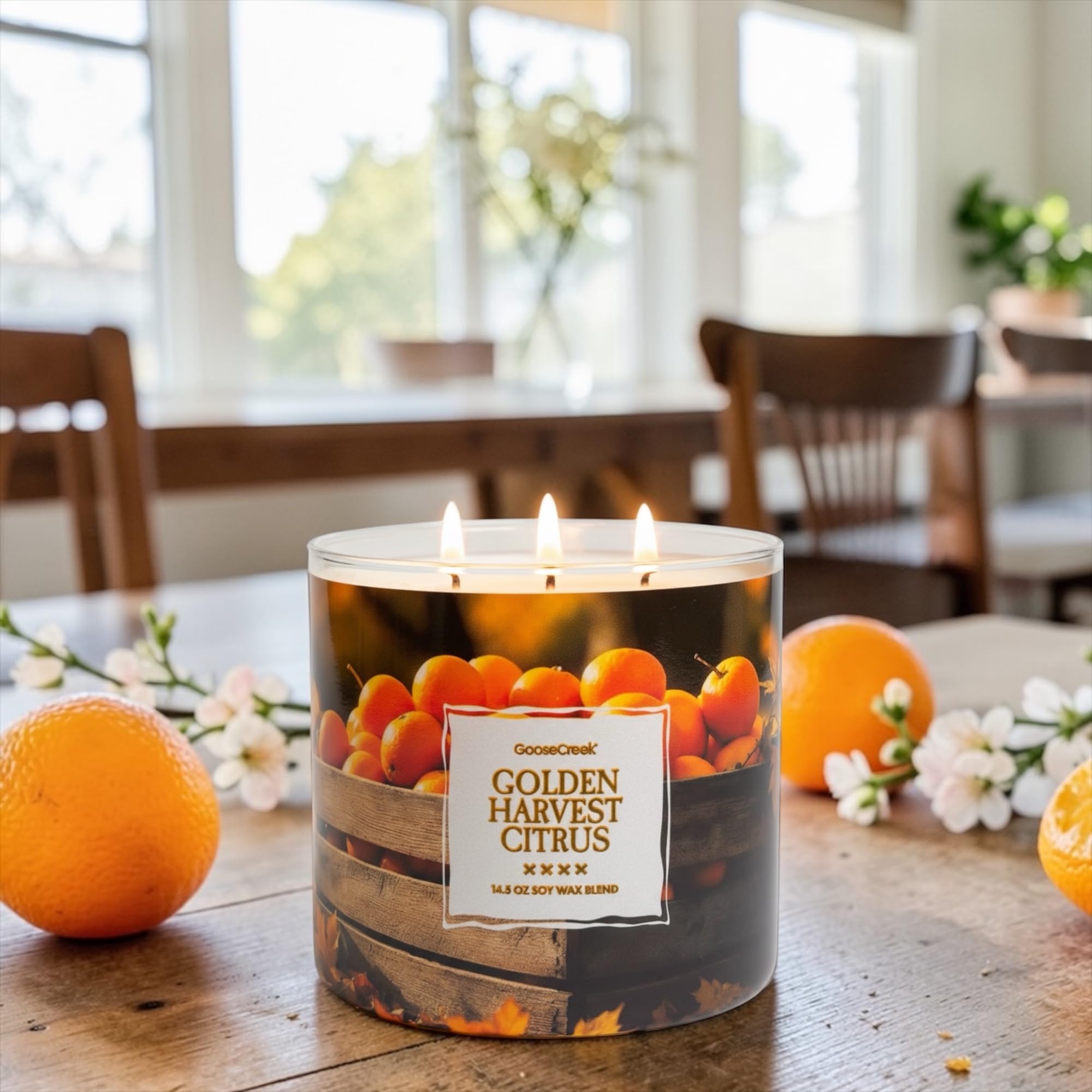 Golden Harvest Citrus 3-Wick Candle, 14.5 oz Soy Wax Blend, Sunwashed Citrus, Autumn Spice, Golden Leaves