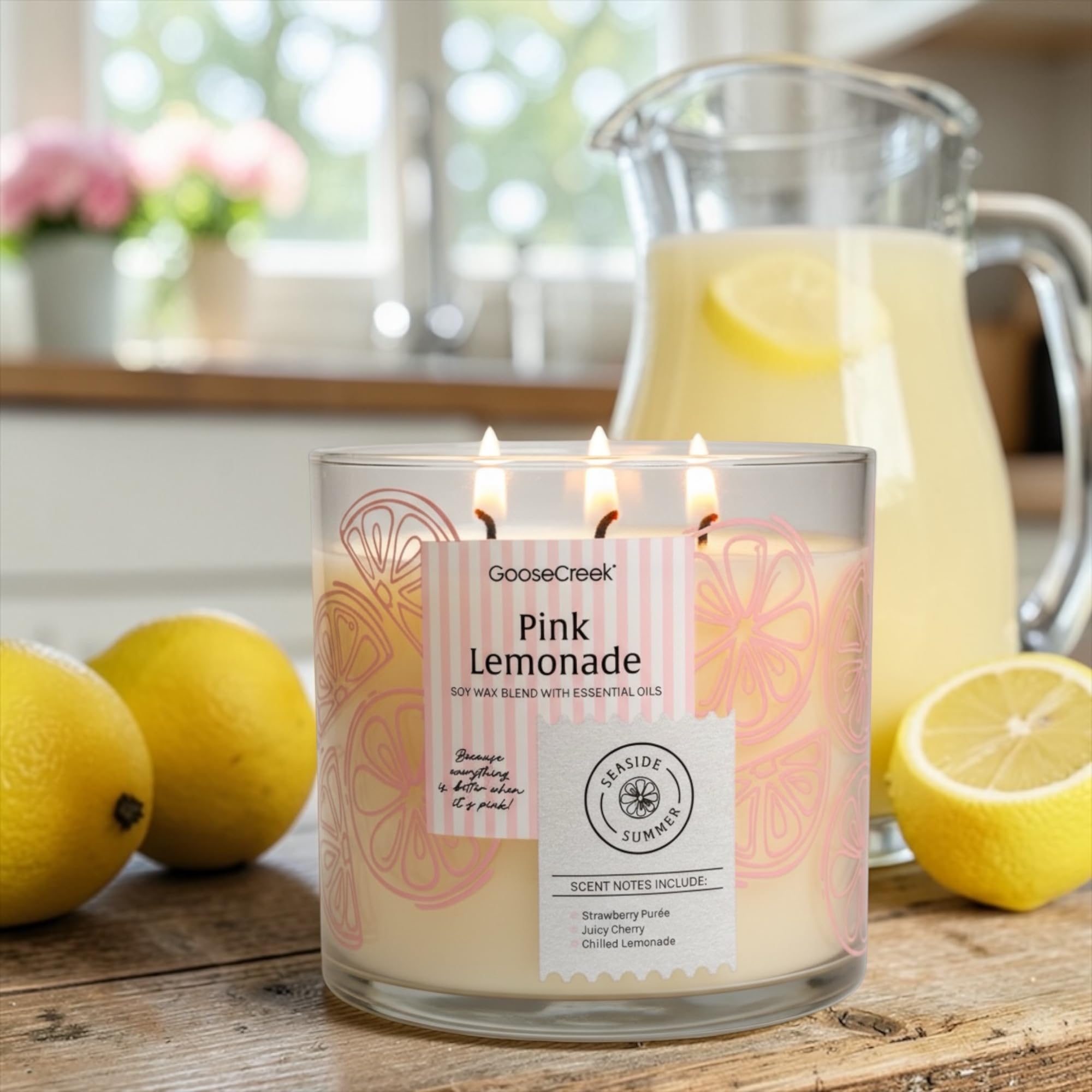 Pink Lemonade Scented Candle, Soy Wax Blend with Essential Oils, Strawberry Purée, Juicy Cherry & Chilled Lemonade