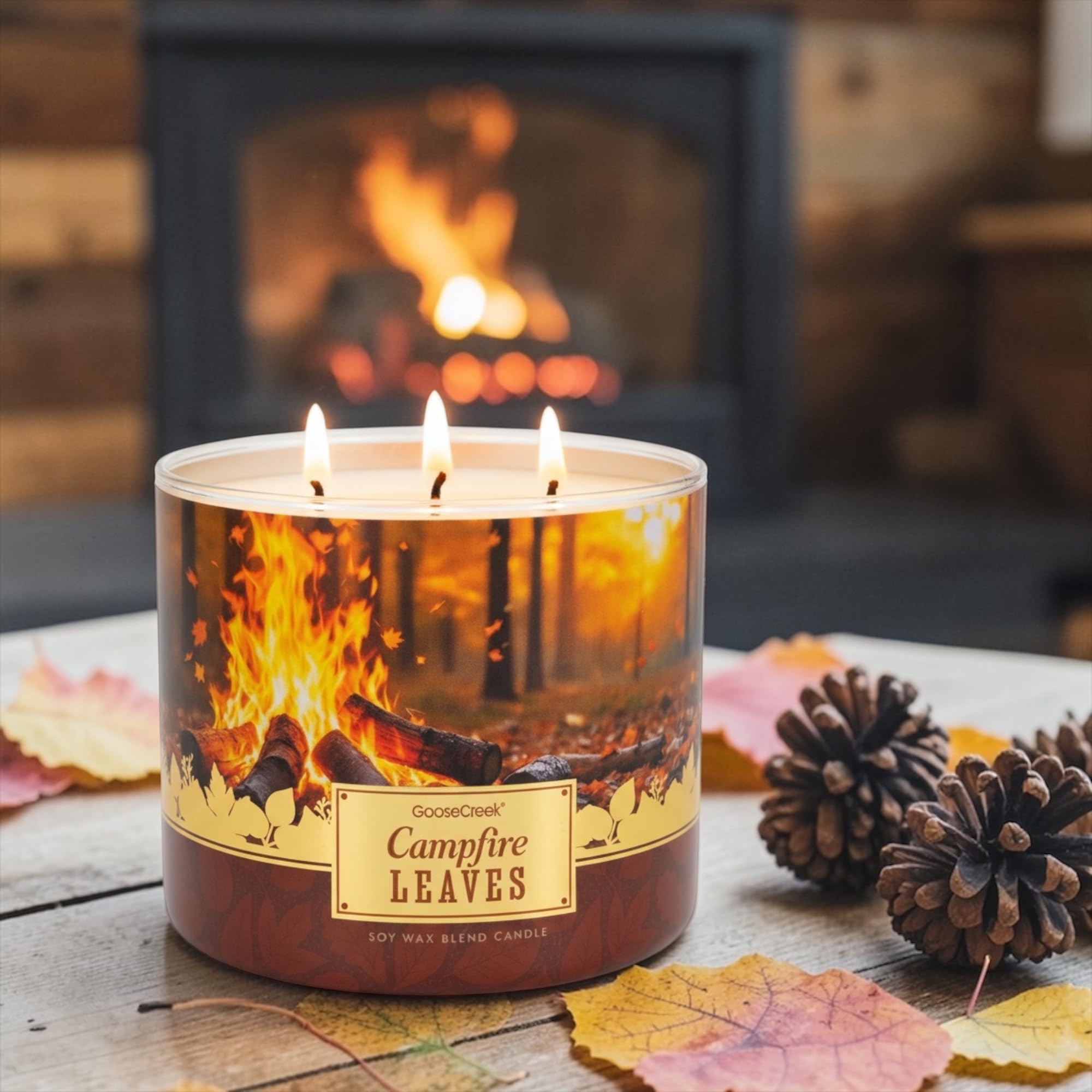 Campfire Leaves Soy Wax Blend Candle, 3-Wick, Brandied Apple, Charred Chestnuts, Fallen Leaves, Glowing Embers
