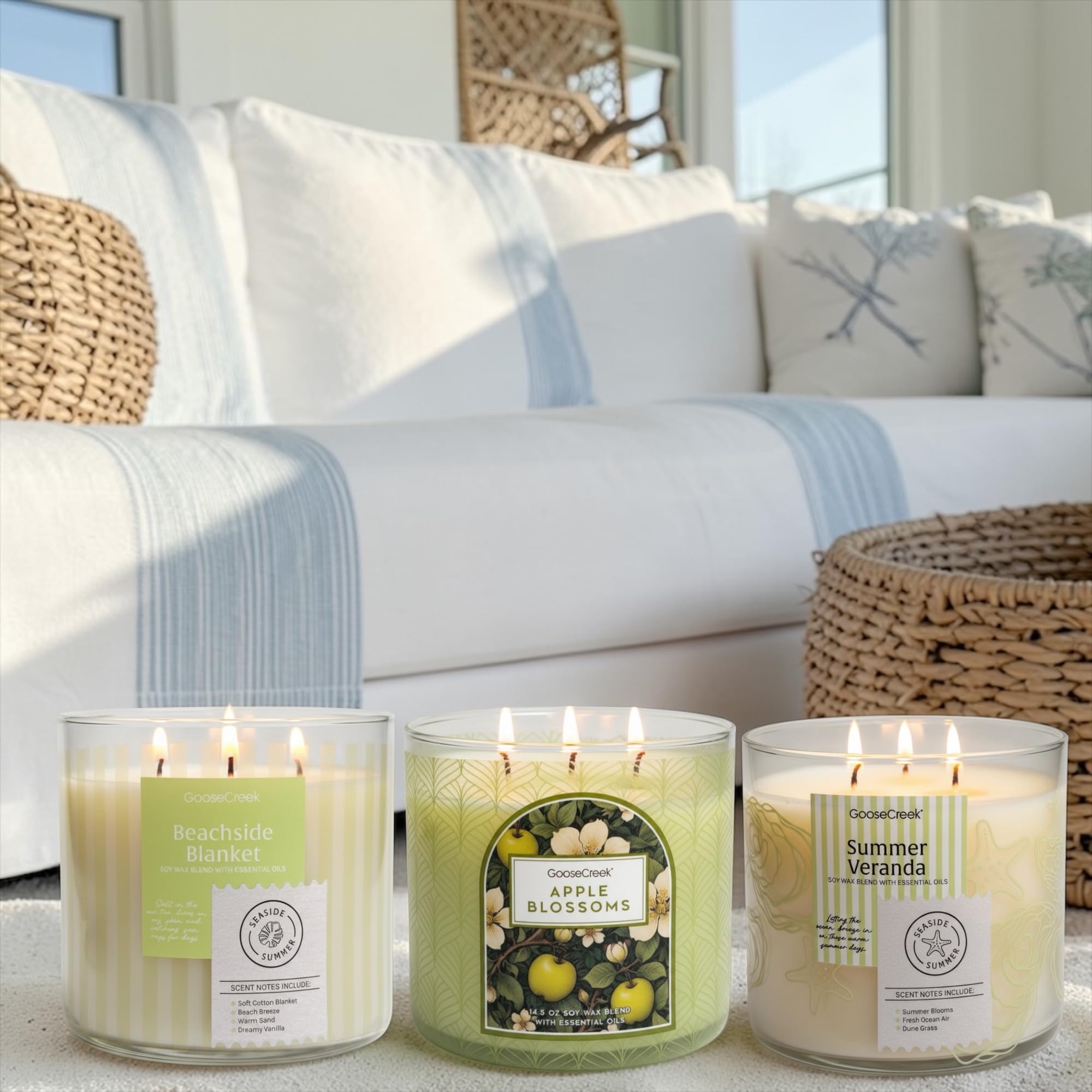 Seaside Summer Collection, Set o 3-Wick 14.5 oz Scented Candles, Soy Wax Blend with Essential Oils,