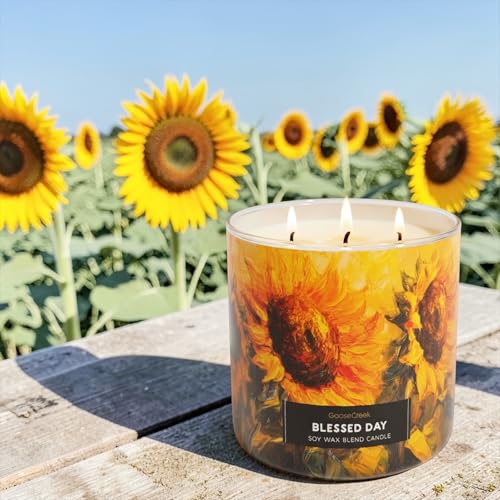 Blessed Day Soy Wax Blend Candle with Sunflower Design, Scented with Apples, Pumpkin, Cinnamon, Includes Artisanal Goat Soap Gift.