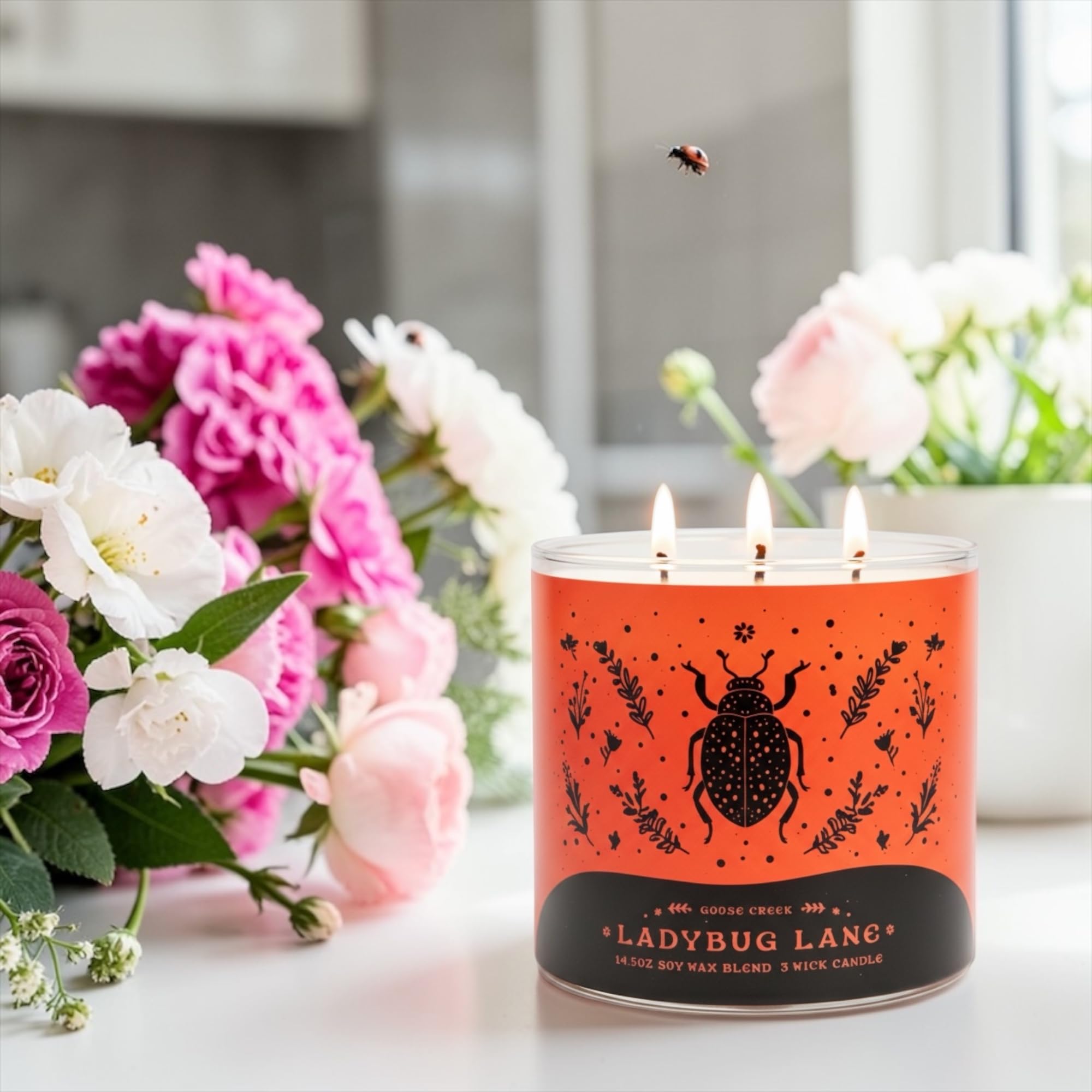 Ladybug Lane Scented Candle, 14.5oz Soy Wax Blend 3 Wick, Orchard Peach Raspberry Wildflower Fragrance & Artisanal Shortcake Soap Gift