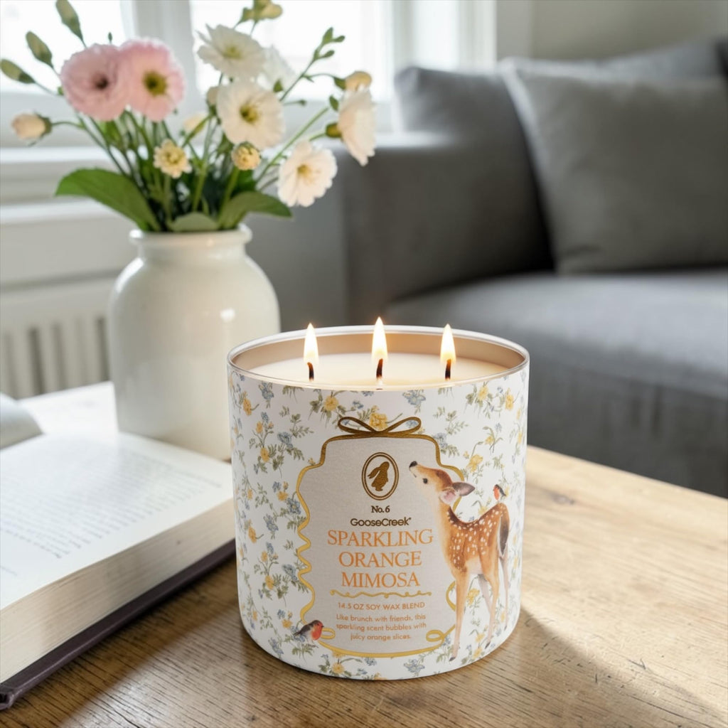 Sparkling Orange Mimosa Scented Candle, 14.5 oz Soy Wax Blend with Gold Lid, Includes Artisanal Goat Soap Gift