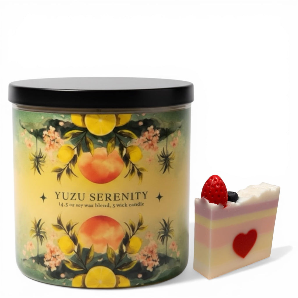 Yuzu Serenity Soy Wax Blend Candle, 14.5 oz, 5 Wick, Fruity Scent with Lemon Balm, Yuzu and Green Tea, Includes Shortcake Soap Gift