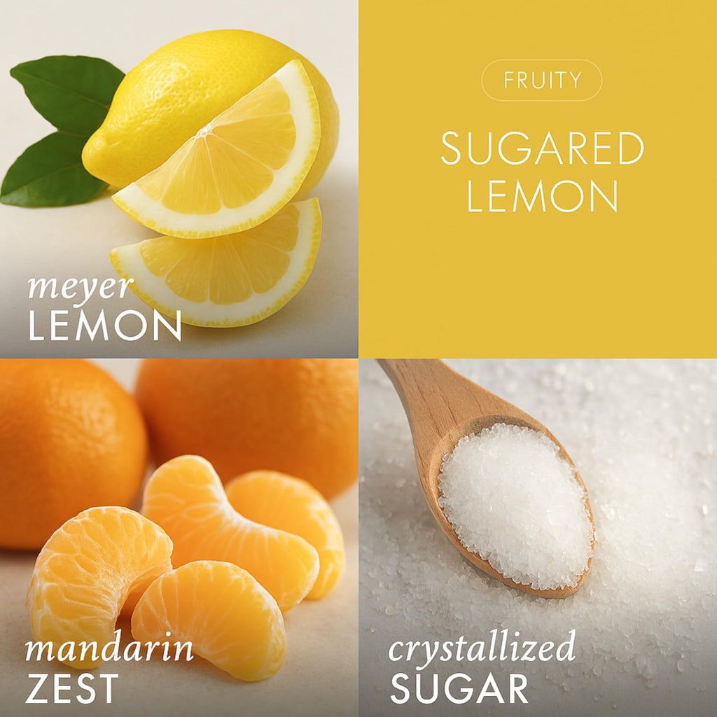 Sugared Lemon Scented Candle, Soy Wax Blend, 14.5 oz, 3 Wick, Round Glass Jar, Fruity Zesty Scent with Artisanal Soap Gift
