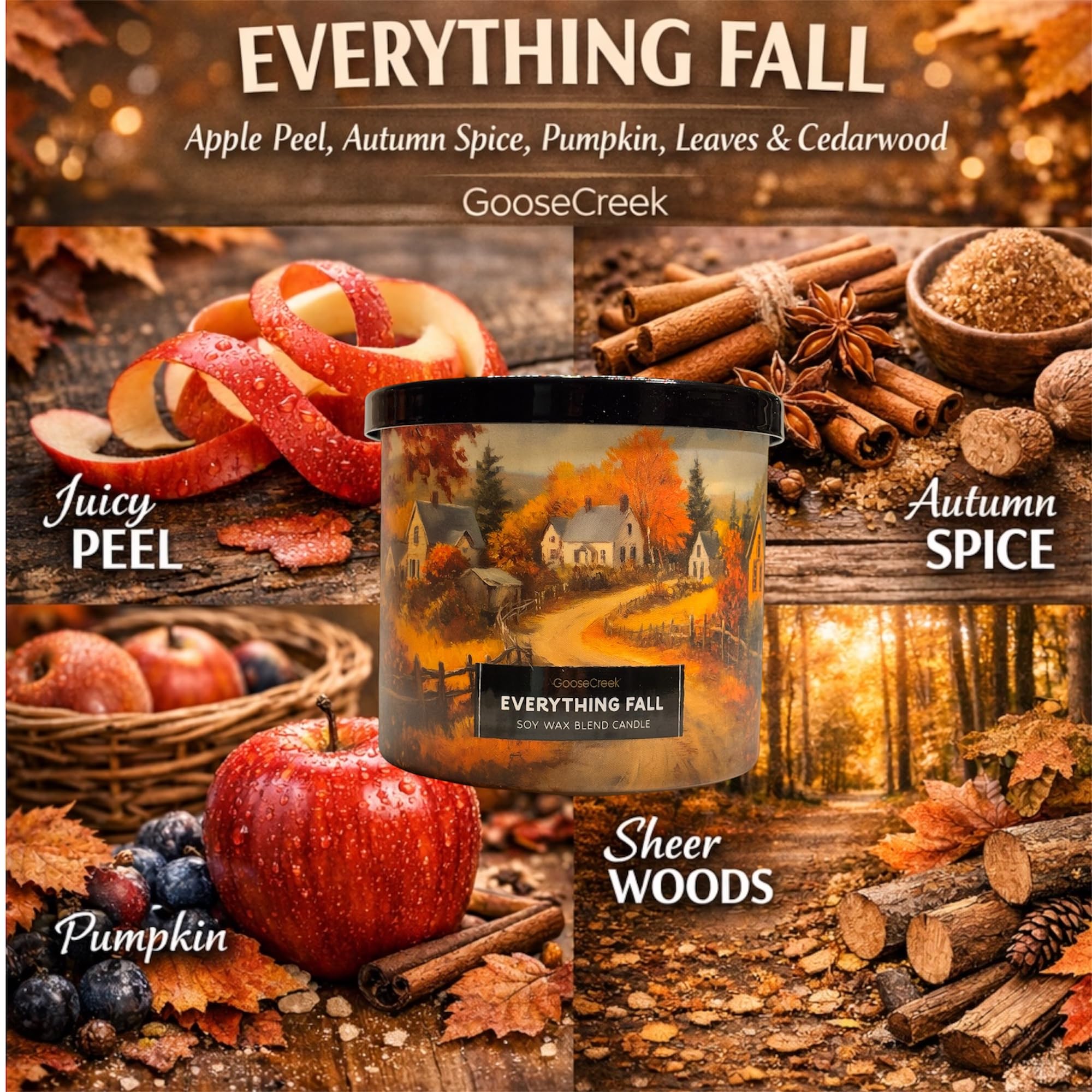 Everything Fall Soy Wax Blend Candle, 3-Wick, Apples Peel, Pumpkin, Autumn Spice and Cedarwood Scented