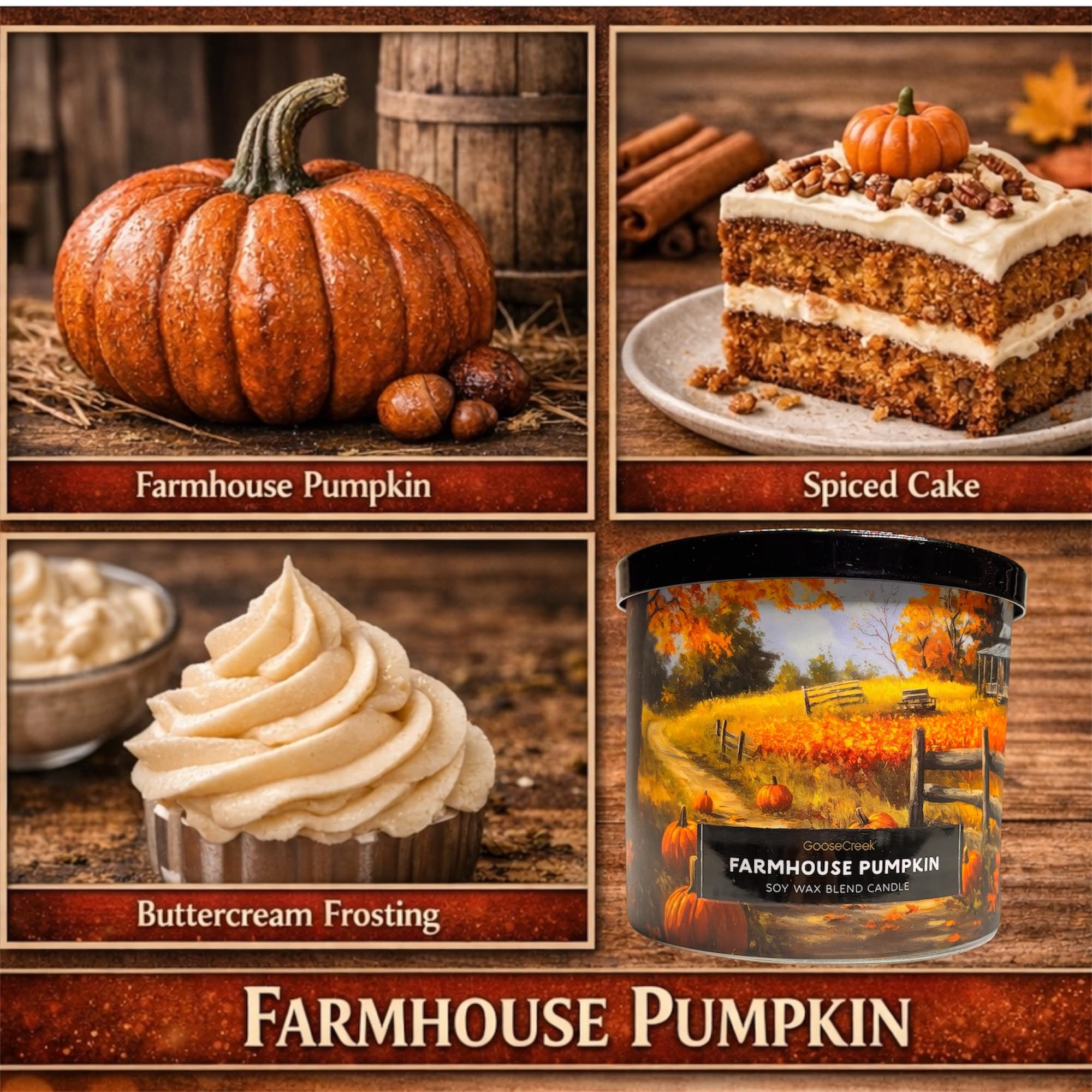 Farmhouse Pumpkin Soy Wax Blend Candle, 3-Wick, Spiced Cake and Buttercream Frosting Scent, Fall Theme