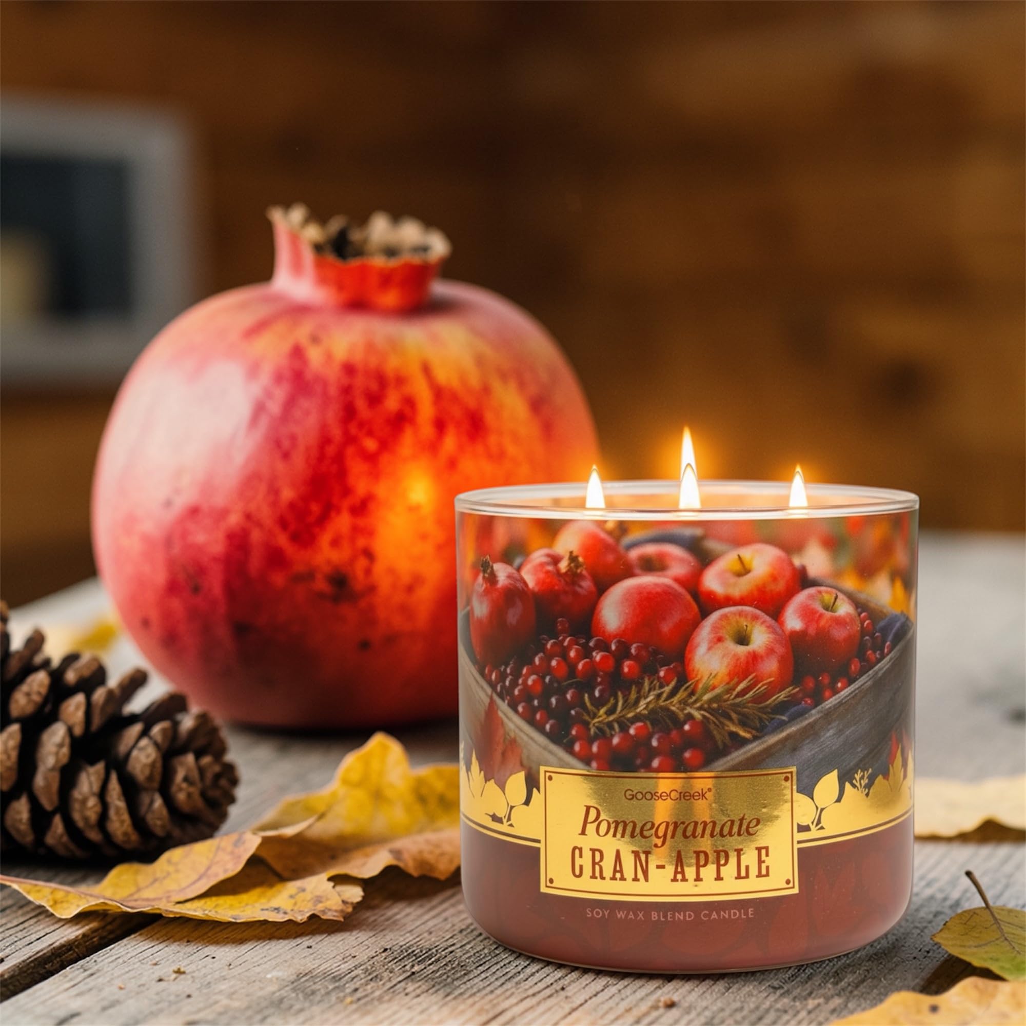 Pomegranate Cran-Apples Soy Wax Blend Candle, 3-Wick, Sweet Cinnamon Bun, Tart Cranberries, Red Apples, Creamy Spices