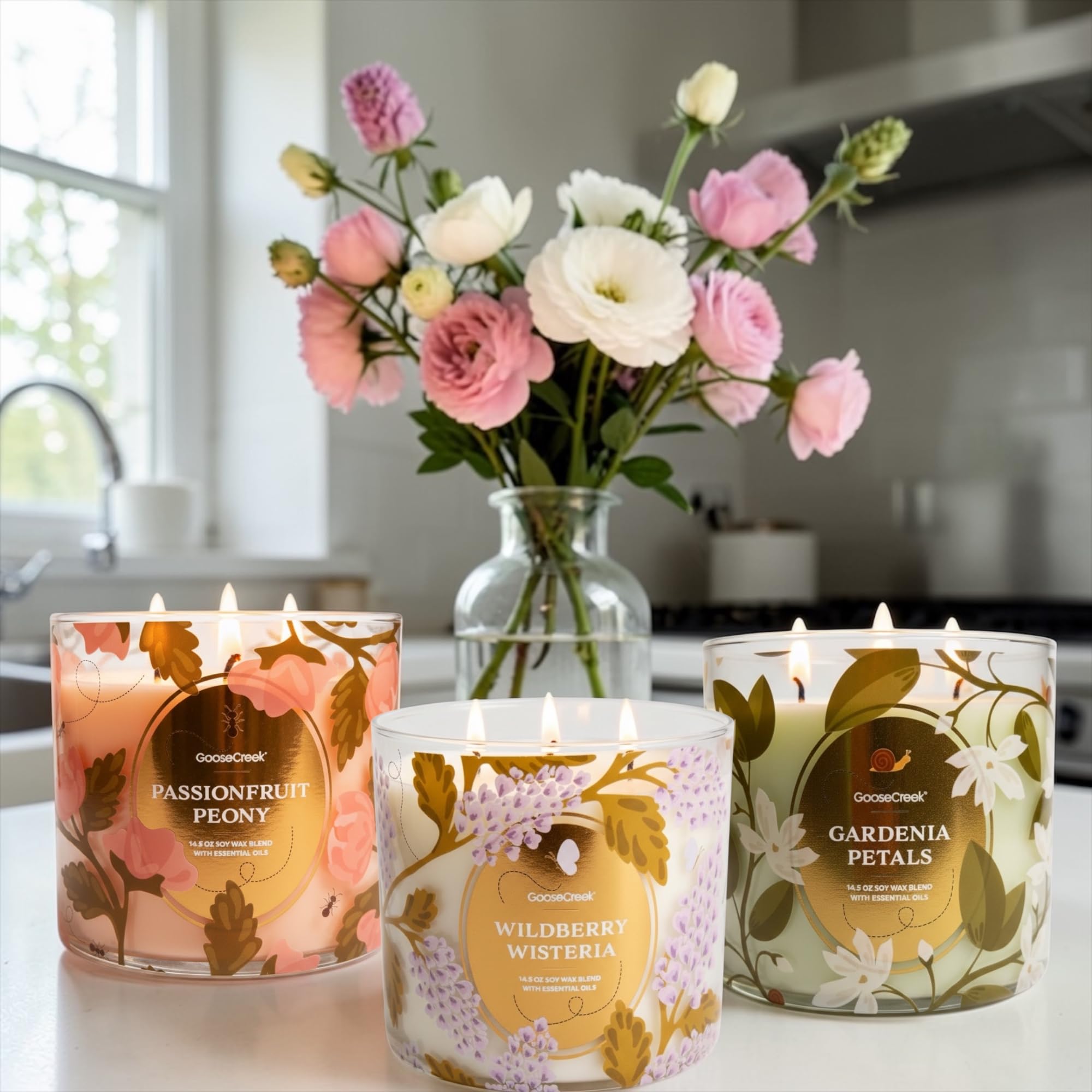 Floral Summer 3-Wick Scented Candles, Soy Wax Blend with Essential Oils, 14.5 oz, Set of 3 Floral Fragrances