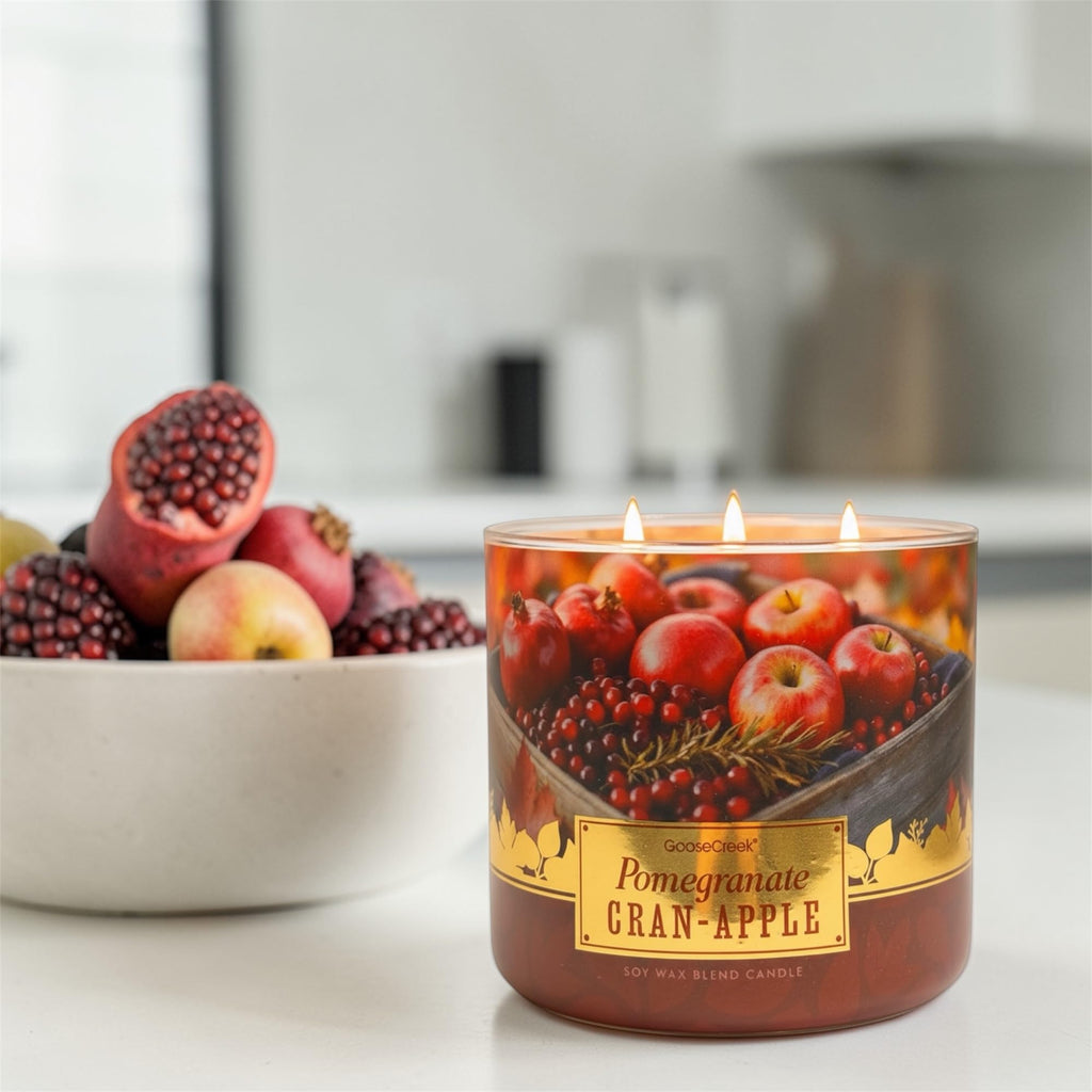 Pomegranate Cran-Apples Soy Wax Blend Candle, 3-Wick, Sweet Cinnamon Bun, Tart Cranberries, Red Apples, Creamy Spices