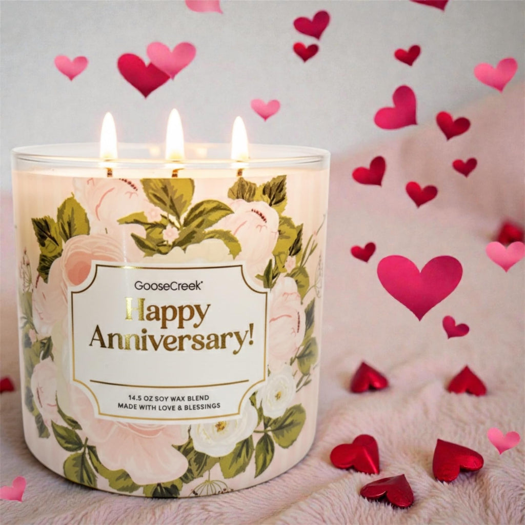 Goose Creek Happy Anniversary Candle, Soy Wax Blend, 14.5 oz, Three Wick, Floral Design