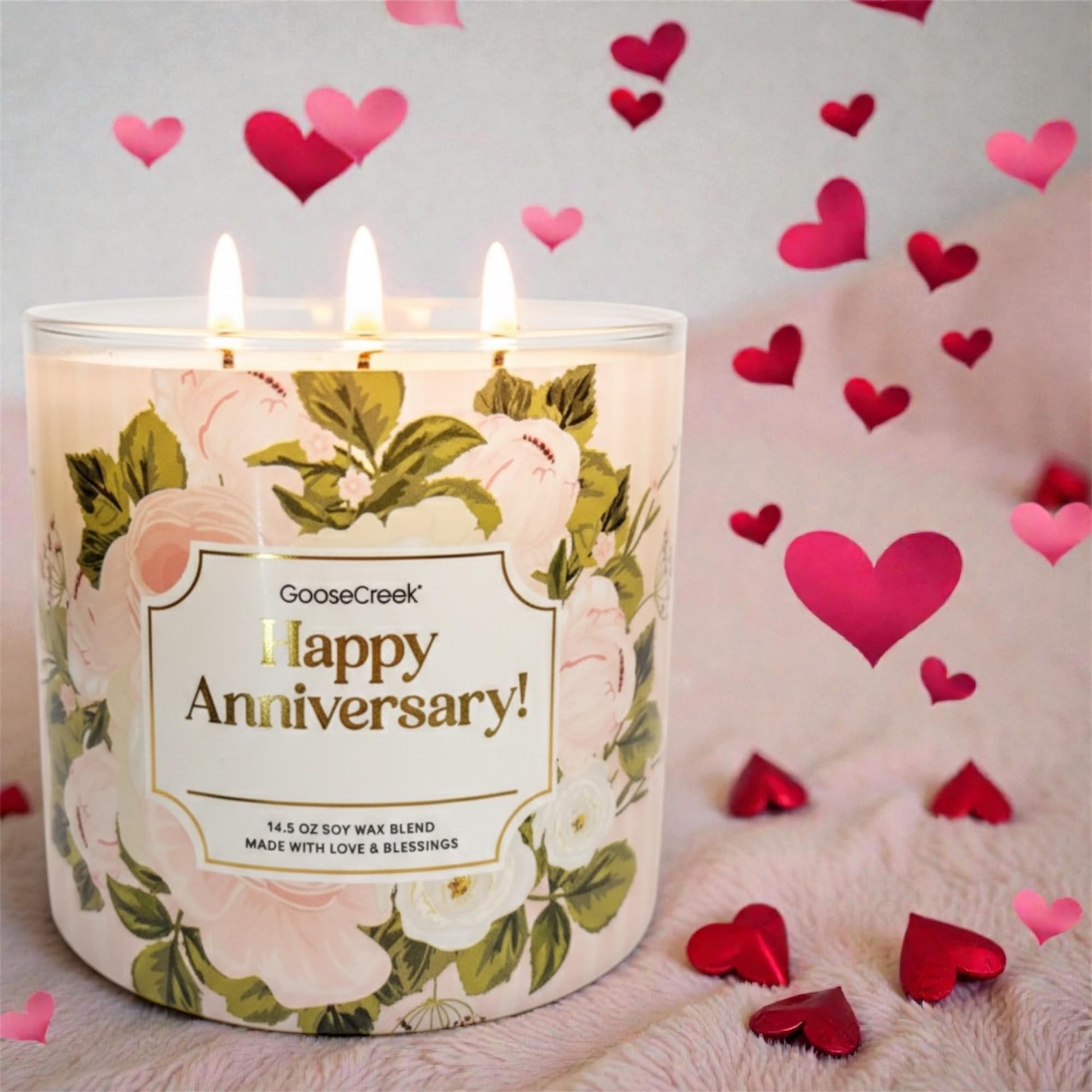 Goose Creek Happy Anniversary Candle, Soy Wax Blend, 14.5 oz, Three Wick, Floral Design