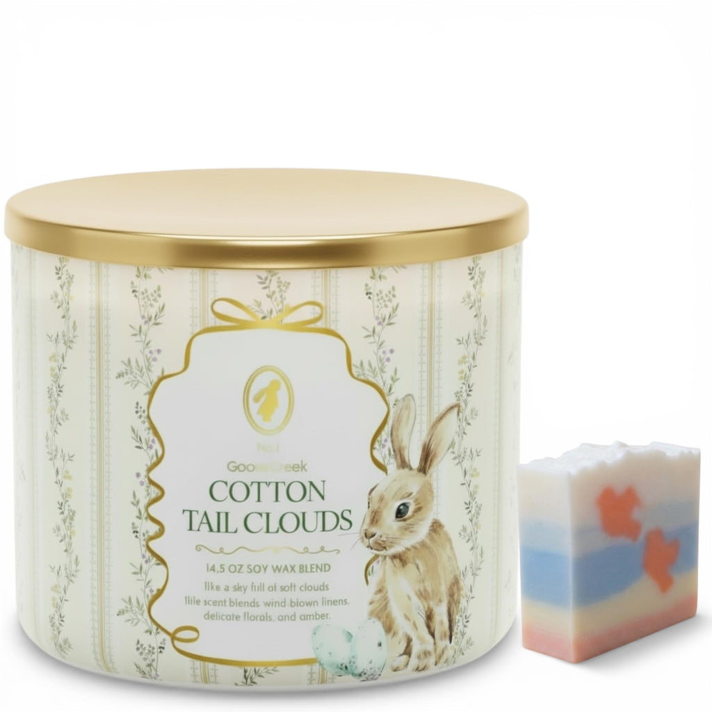 Cotton Tail Clouds Scented Candle, 14.5 oz Soy Wax Blend with Artisanal Soap Gift, Wind-Blown Linens and Delicate Florals
