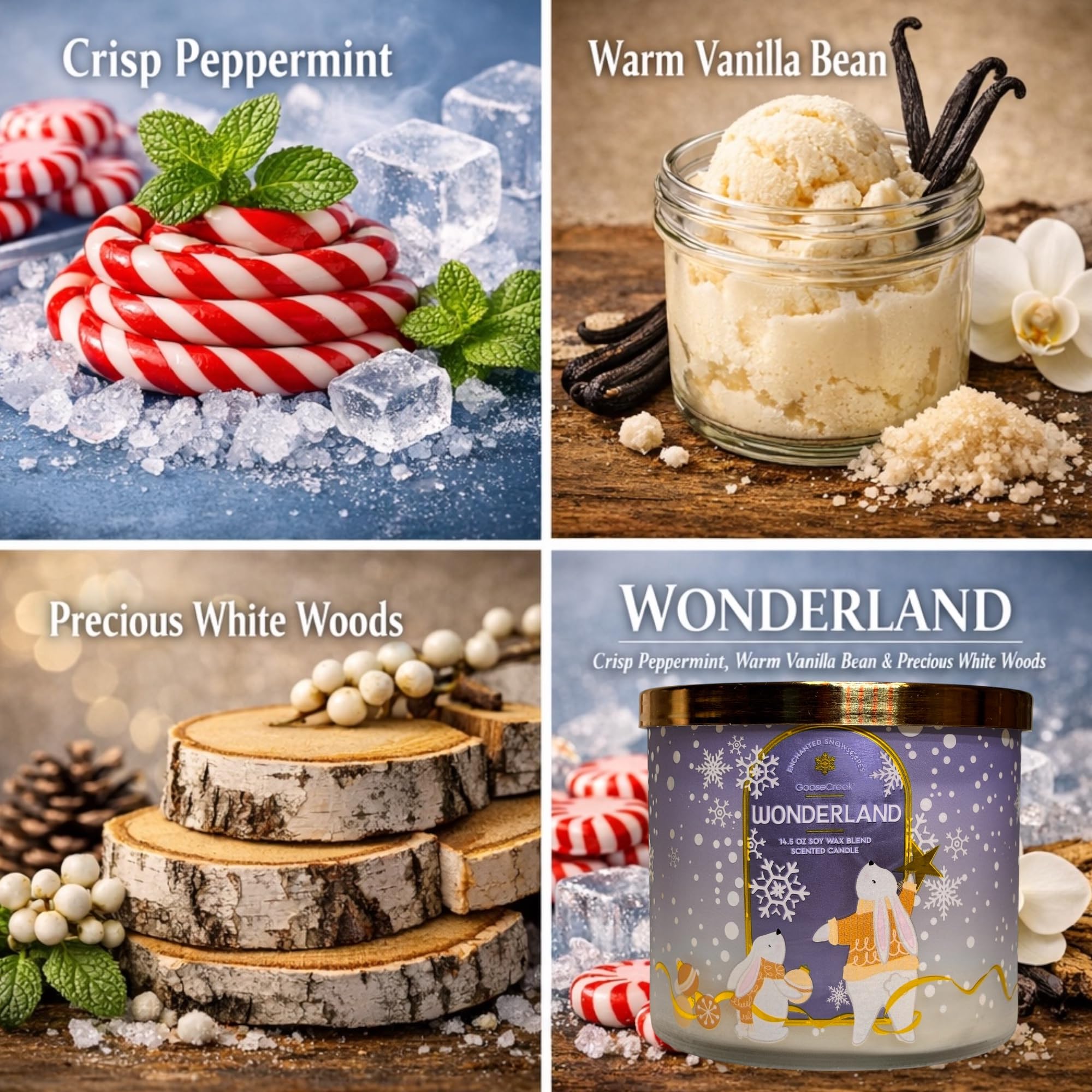 Wonderland 3-Wick Scented Candle, Soy Wax Blend, Peppermint, Vanilla Bean & White Woods, 14.5 oz