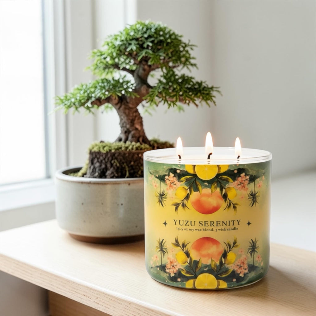 Yuzu Serenity Soy Wax Blend Candle, 14.5 oz, 5 Wick, Fruity Scent with Lemon Balm, Yuzu and Green Tea, Includes Shortcake Soap Gift