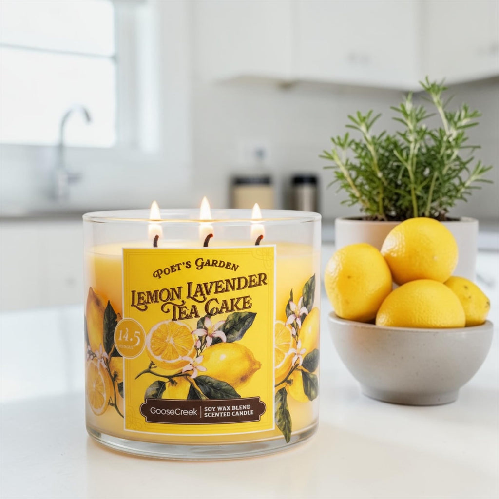 Lemon Lavender Tea Cake Scented Candle, 14.5 Ounce, 3 Wick, Round Glass Jar with Artisanal Soap Gift