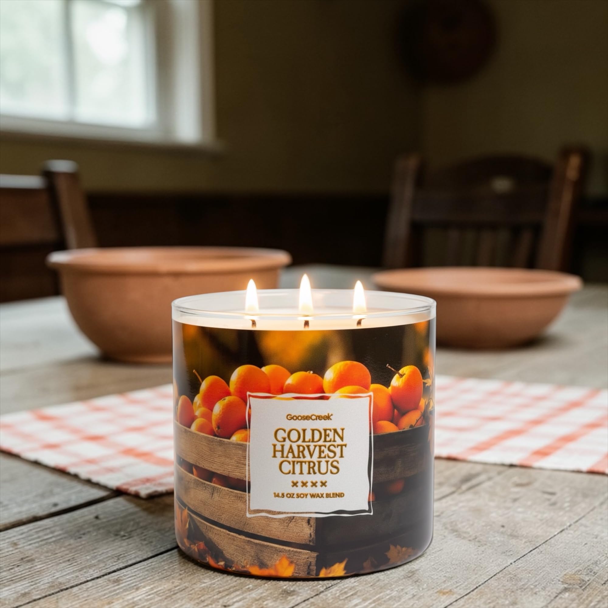 Golden Harvest Citrus 3-Wick Candle, 14.5 oz Soy Wax Blend, Sunwashed Citrus, Autumn Spice, Golden Leaves